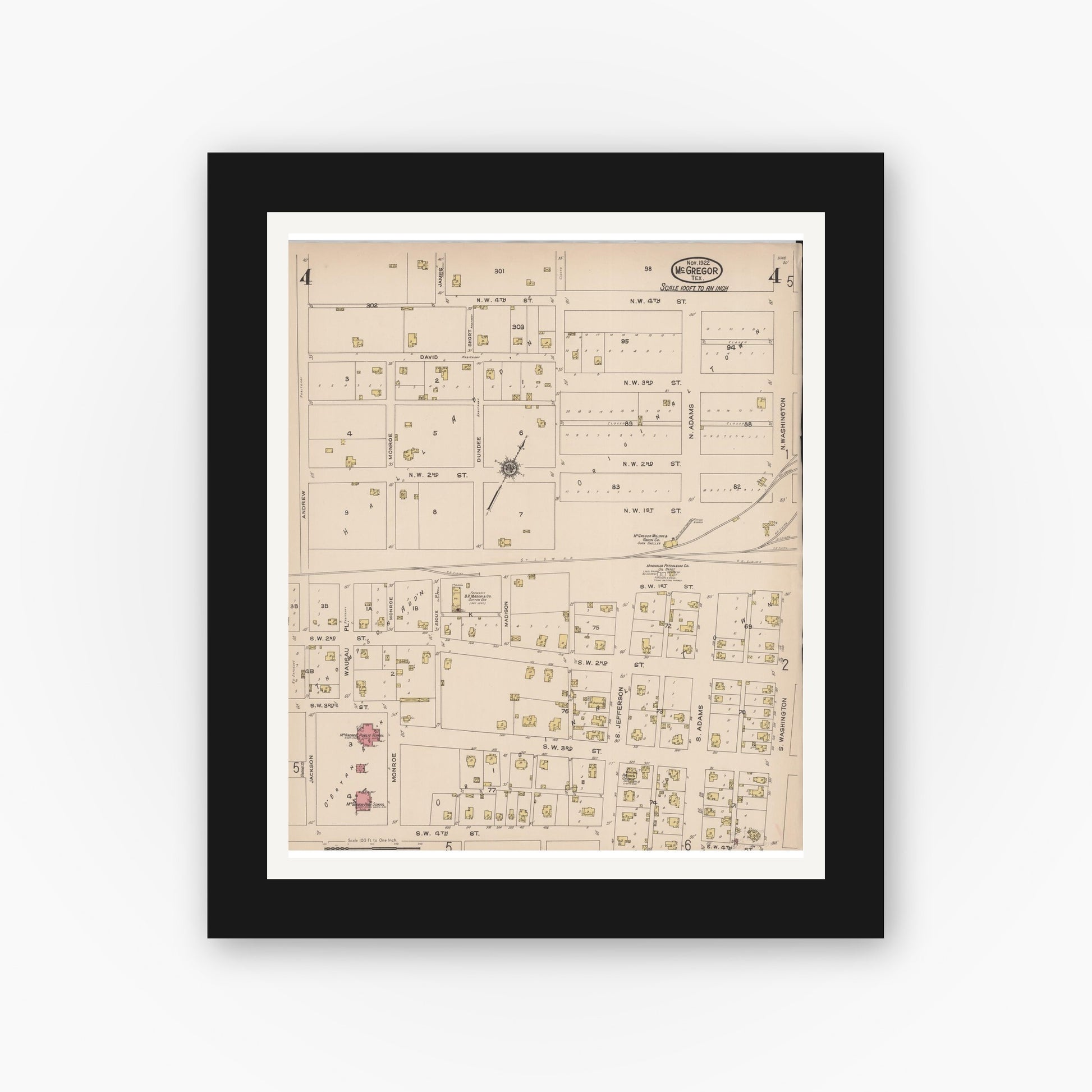 Old map wall art mockup — black gallery frame with white mat — Sanborn Fire Insurance Map from McGregor, McLennan County, Texas (1922), Sheet #0004