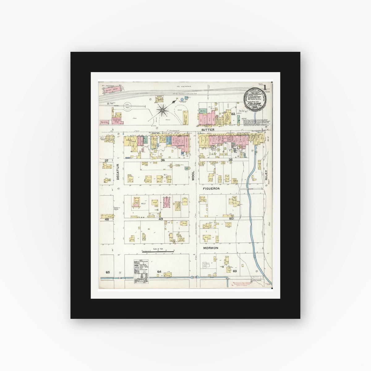 Old map wall art mockup — black gallery frame with white mat — Sanborn Fire Insurance Map from Folsom, Sacramento County, California (1891) - Complete Map Set