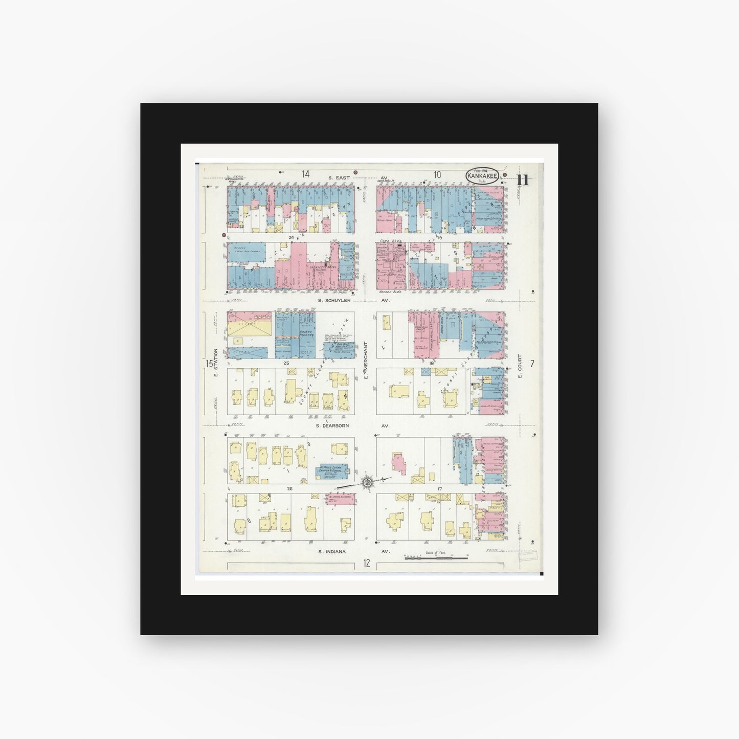 Old map wall art mockup — black gallery frame with white mat — Sanborn Fire Insurance Map from Kankakee, Kankakee County, Illinois (1914), Sheet #0011