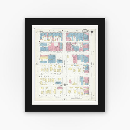 Old map wall art mockup — black gallery frame with white mat — Sanborn Fire Insurance Map from Kankakee, Kankakee County, Illinois (1914), Sheet #0011