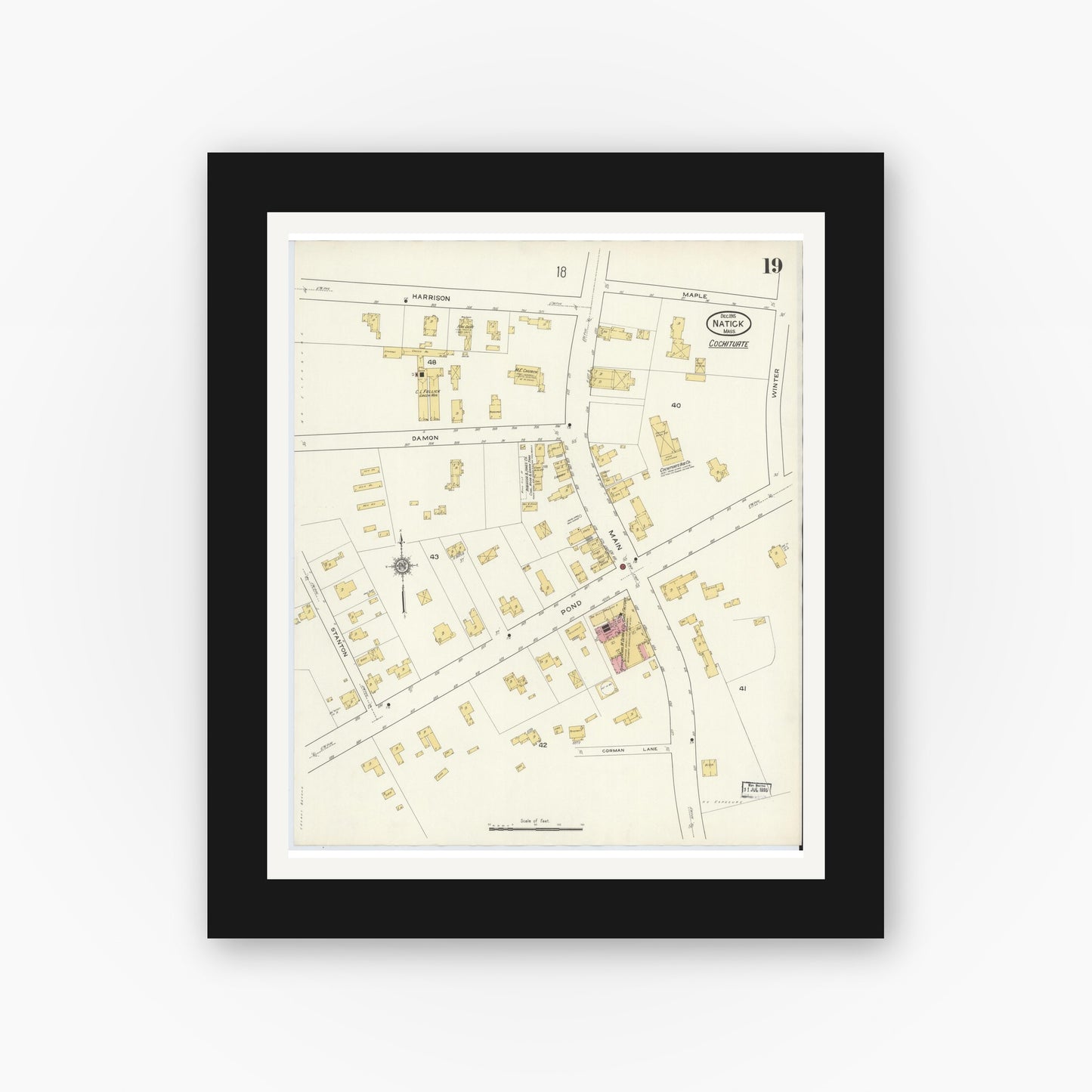 Old map wall art mockup — black gallery frame with white mat — Sanborn Fire Insurance Map from Natick, Middlesex County, Massachusetts (1915), Sheet #0019