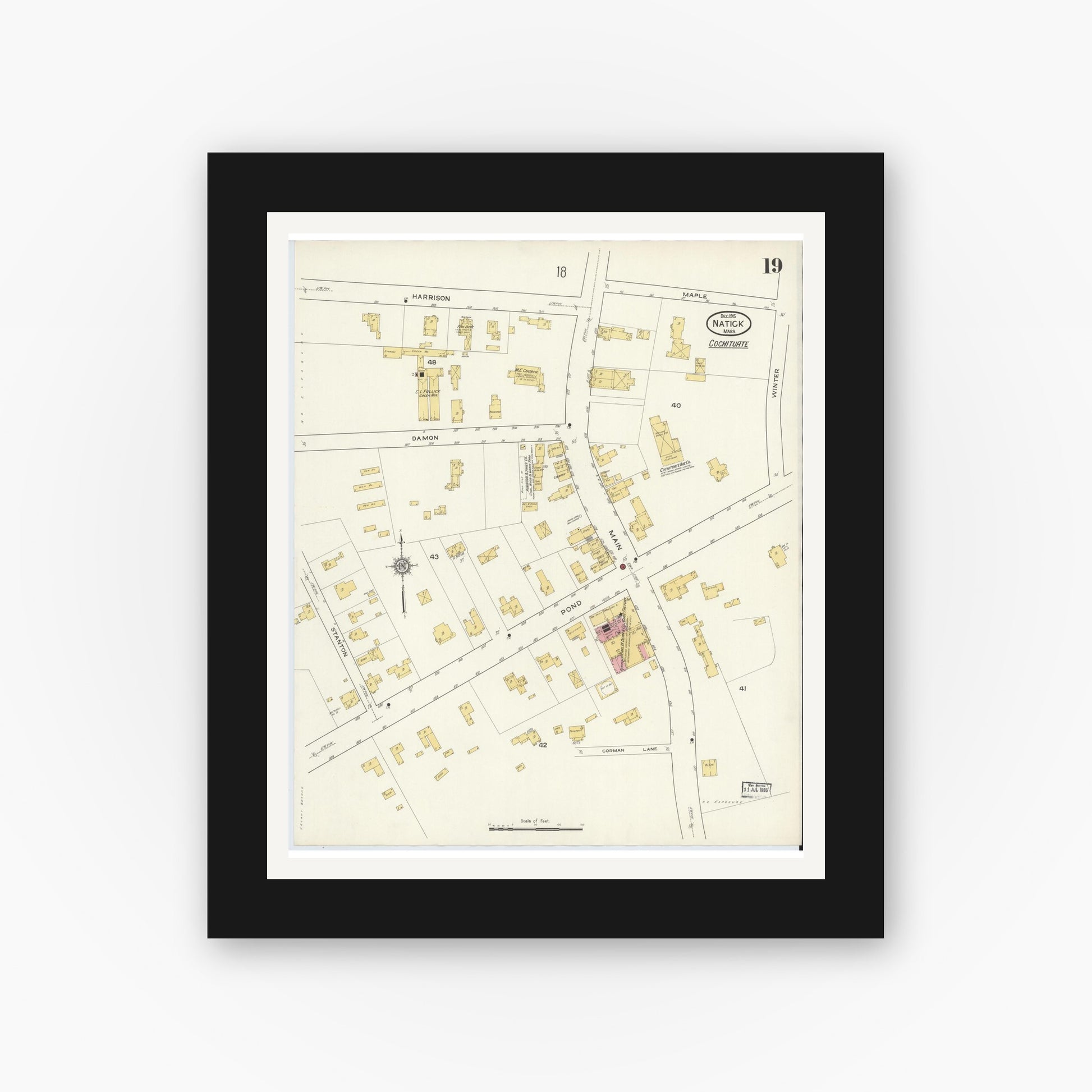 Old map wall art mockup — black gallery frame with white mat — Sanborn Fire Insurance Map from Natick, Middlesex County, Massachusetts (1915), Sheet #0019
