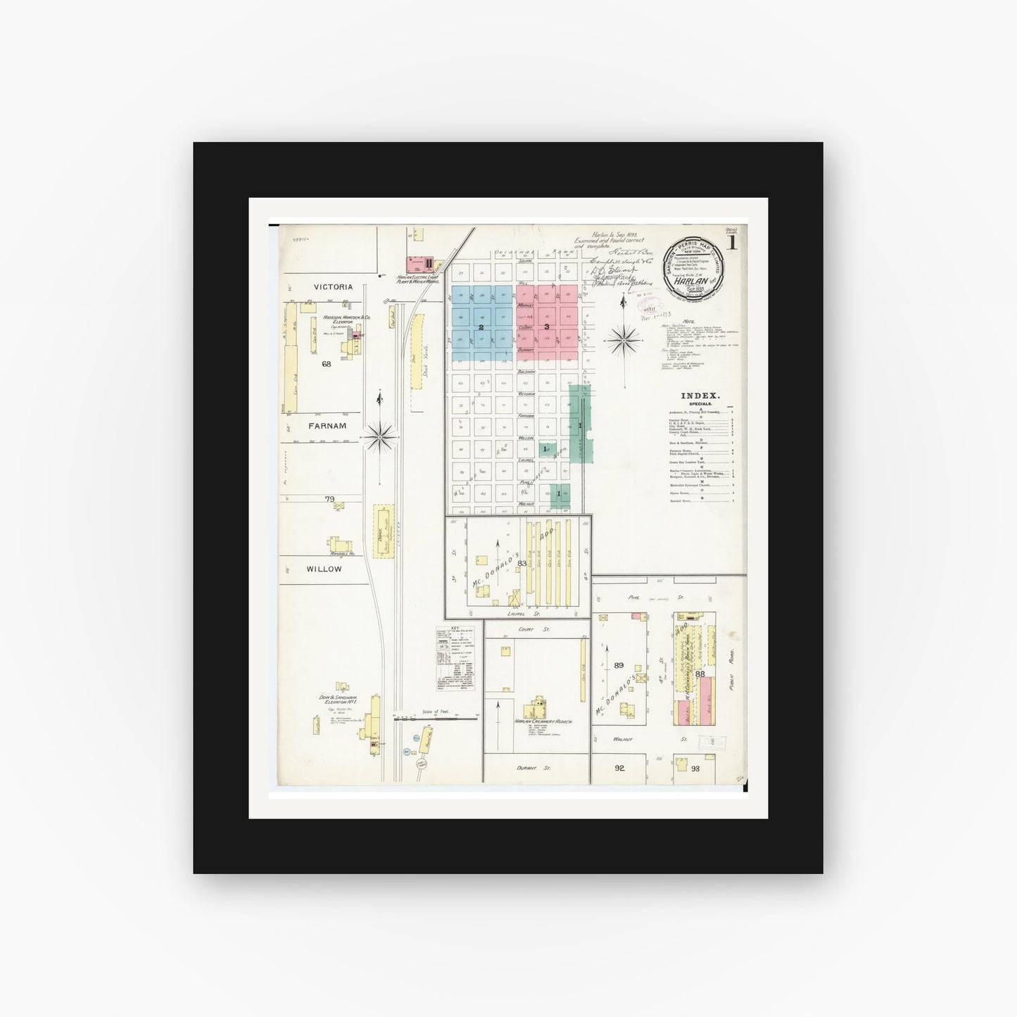 Old map wall art mockup — black gallery frame with white mat — Sanborn Fire Insurance Map from Harlan, Shelby County, Iowa (1893) â€” Complete Set