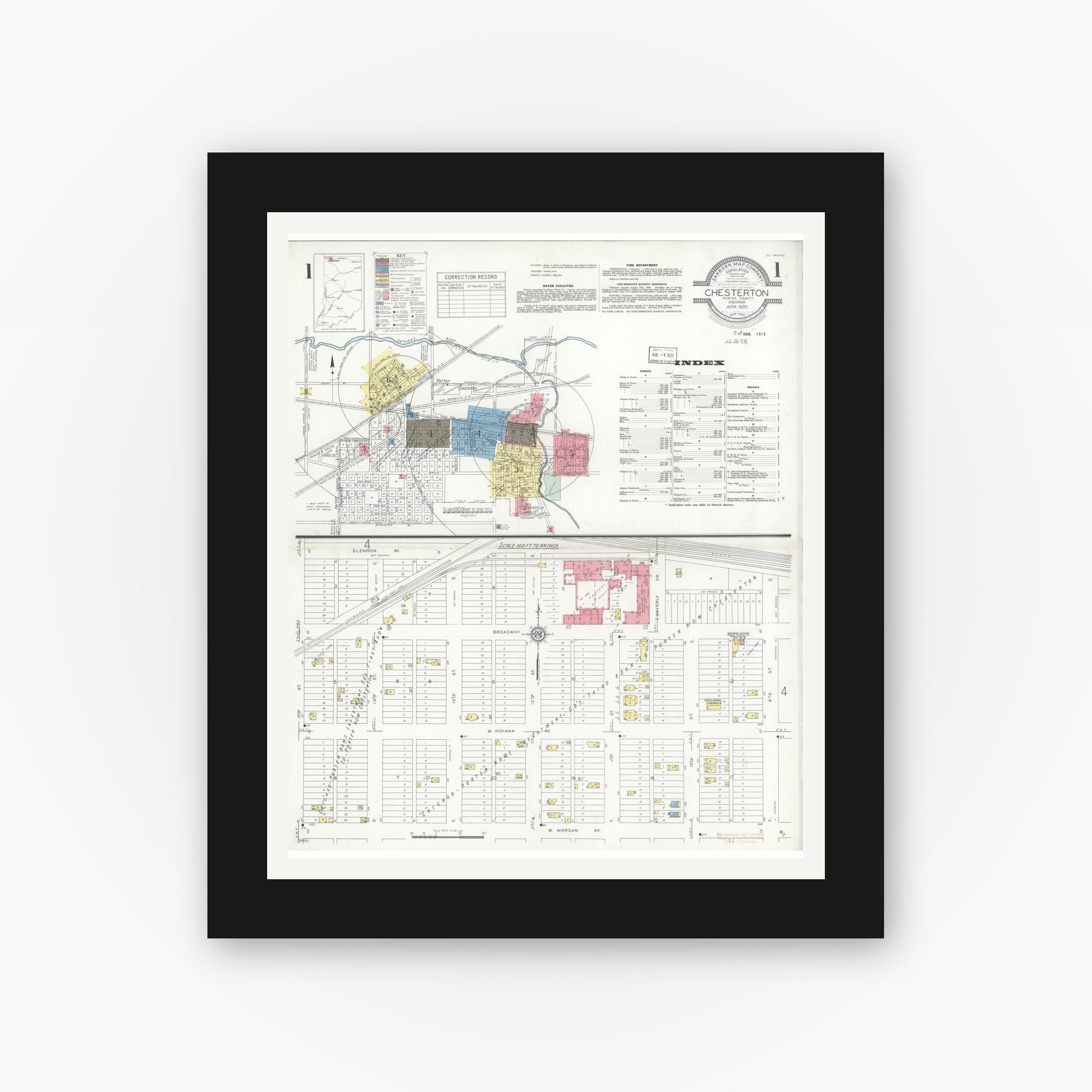 Old map wall art mockup — black gallery frame with white mat — Sanborn Fire Insurance Map from Chesterton, Porter County, Indiana (1935) - Complete Map Set