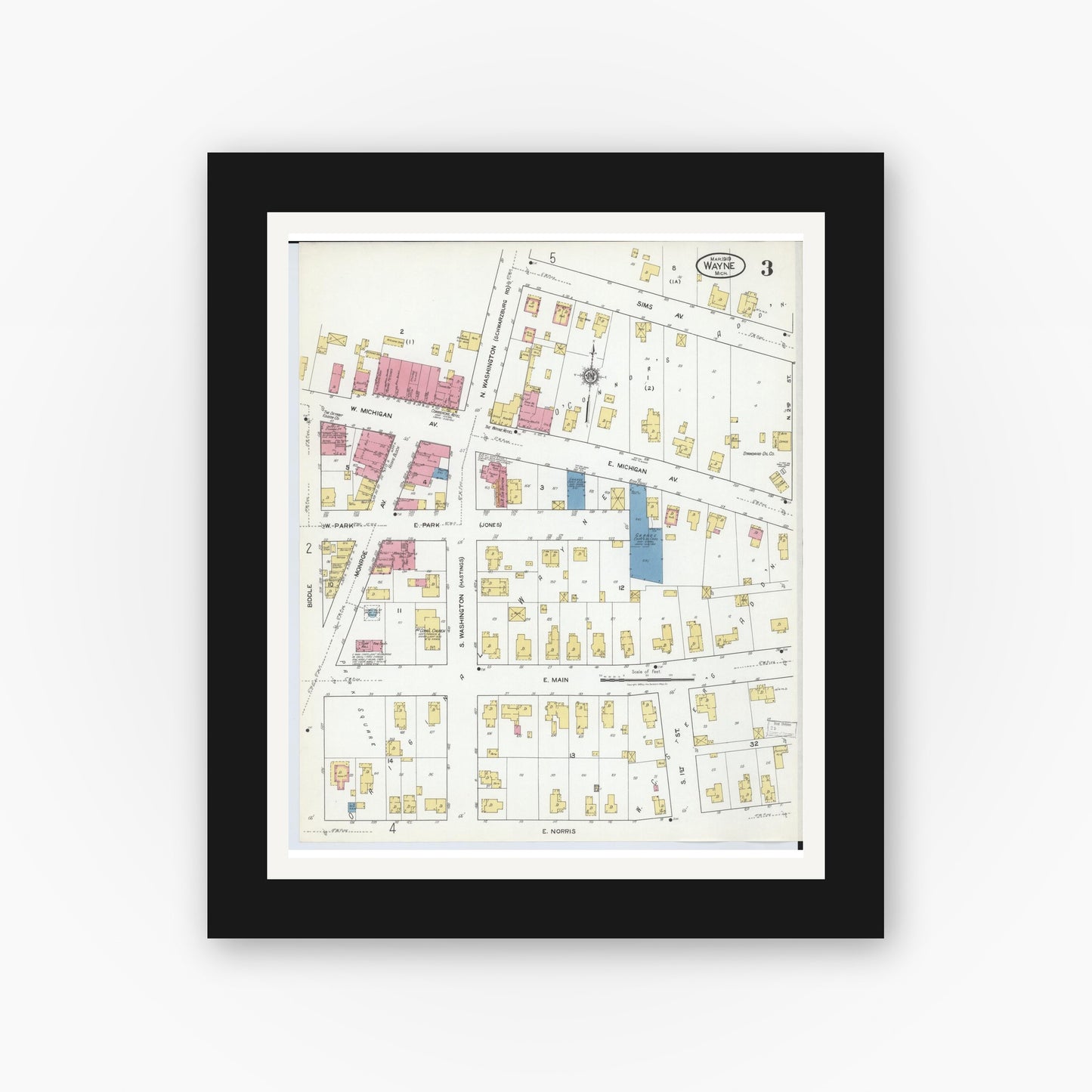 Old map wall art mockup — black gallery frame with white mat — Sanborn Fire Insurance Map from Wayne, Wayne County, Michigan (1919), Sheet #0003