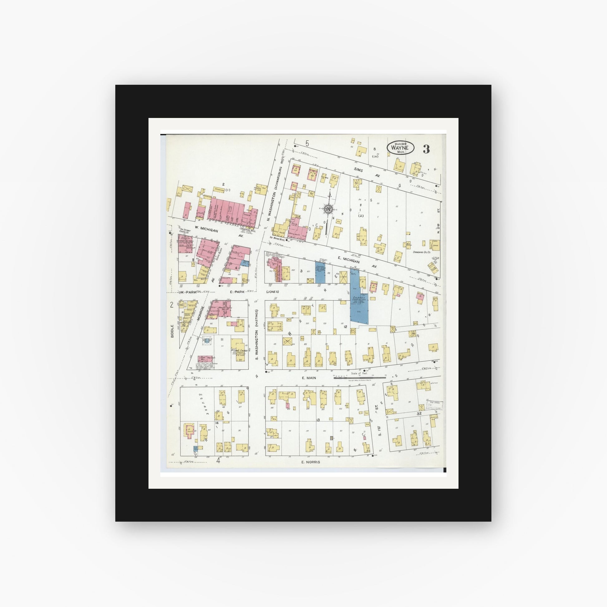 Old map wall art mockup — black gallery frame with white mat — Sanborn Fire Insurance Map from Wayne, Wayne County, Michigan (1919), Sheet #0003