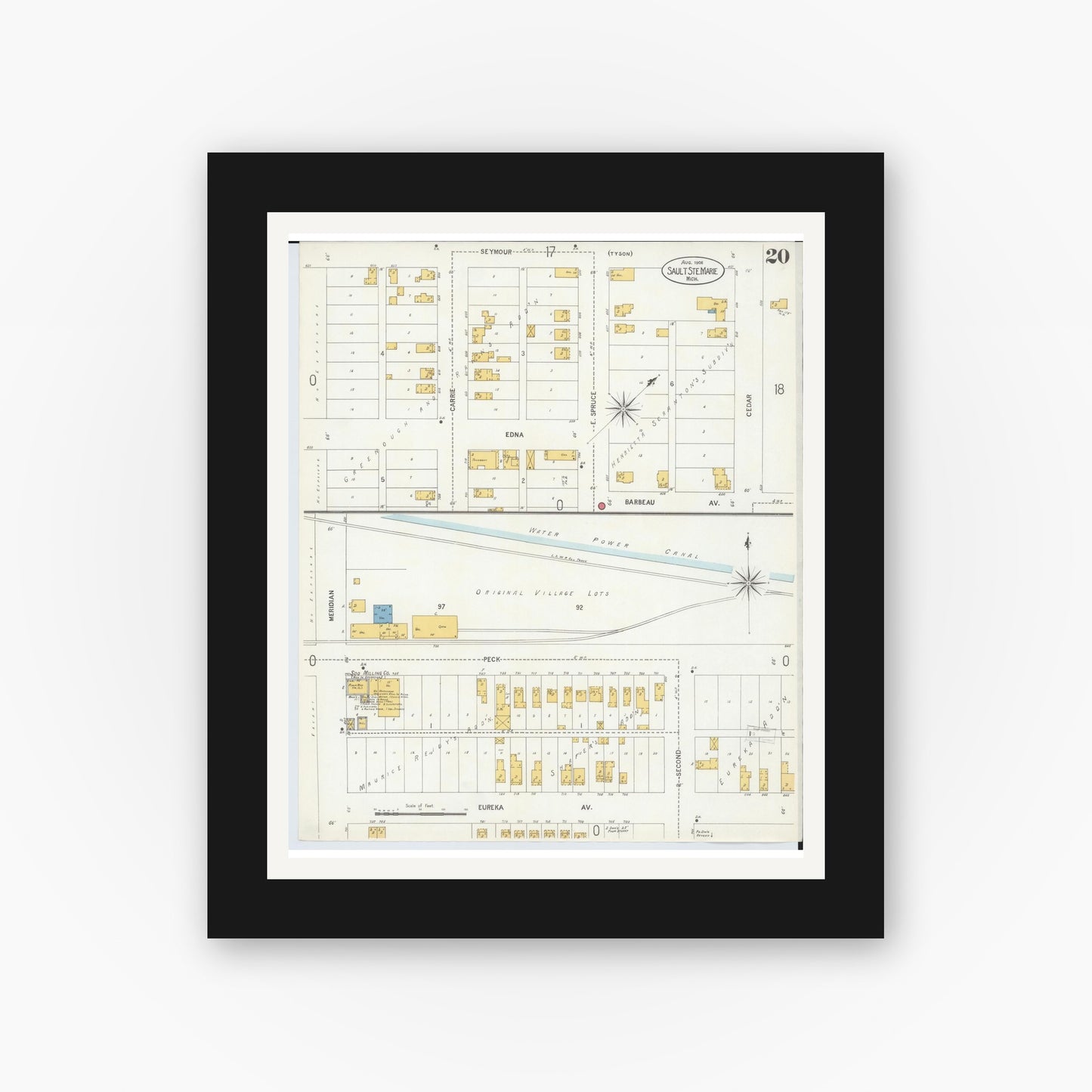 Old map wall art mockup — black gallery frame with white mat — Sanborn Fire Insurance Map from Sault Sainte Marie, Chippewa County, Michigan (1906), Sheet #0020