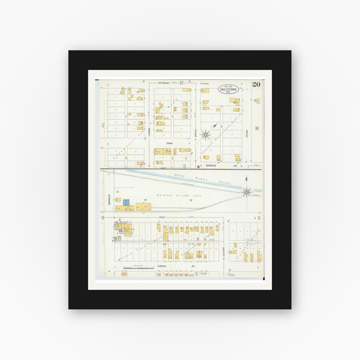 Old map wall art mockup — black gallery frame with white mat — Sanborn Fire Insurance Map from Sault Sainte Marie, Chippewa County, Michigan (1906), Sheet #0020