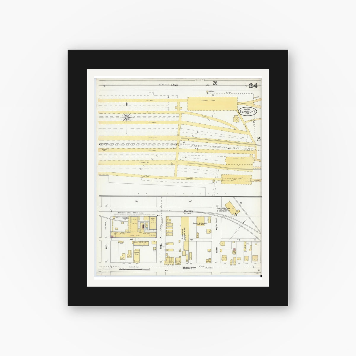Old map wall art mockup — black gallery frame with white mat — Sanborn Fire Insurance Map from Beaumont, Jefferson County, Texas (1904), Sheet #0024