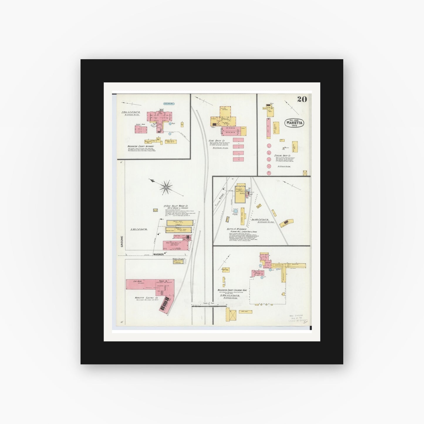 Old map wall art mockup — black gallery frame with white mat — Sanborn Fire Insurance Map from Marietta, Washington County, Ohio (1900), Sheet #0020