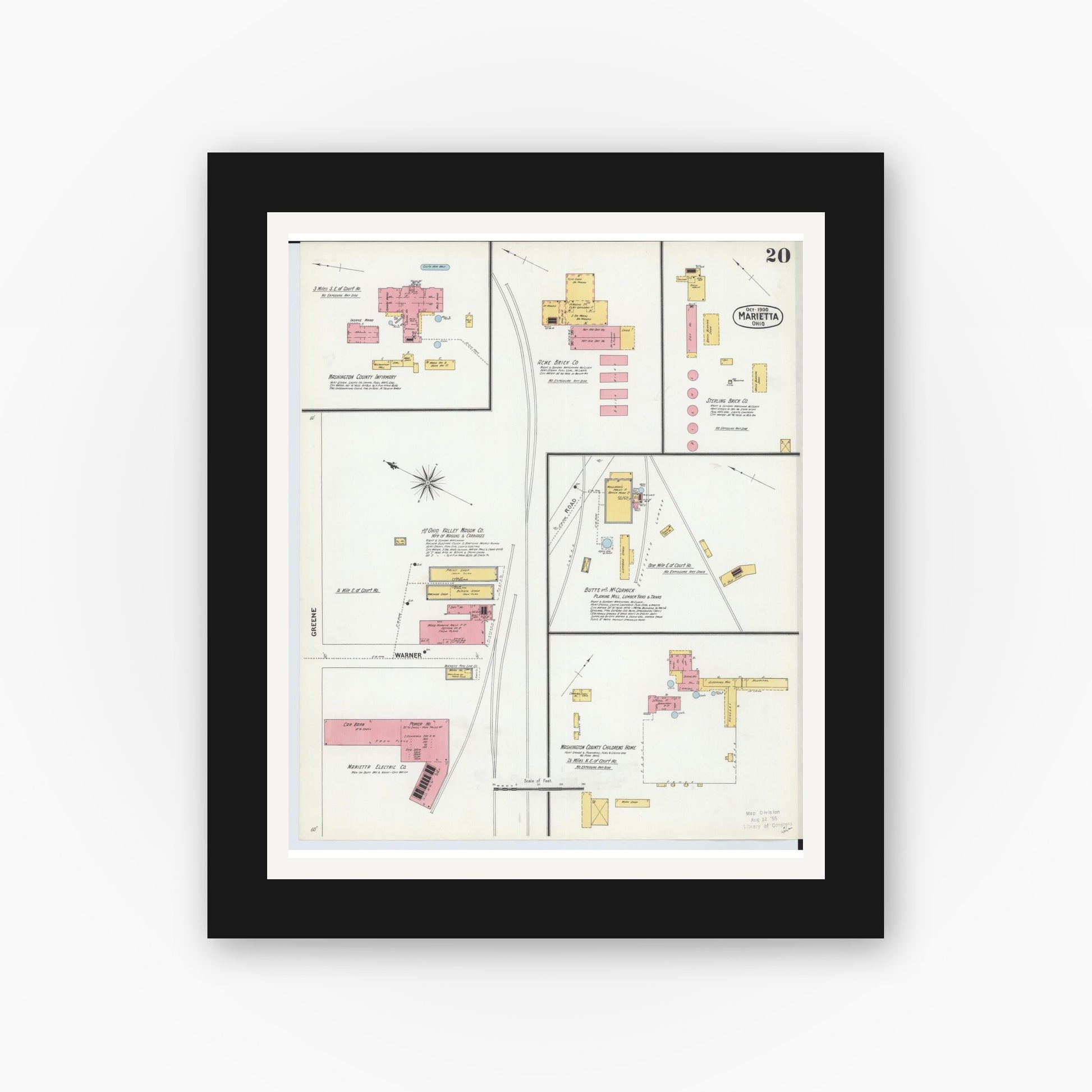 Old map wall art mockup — black gallery frame with white mat — Sanborn Fire Insurance Map from Marietta, Washington County, Ohio (1900), Sheet #0020