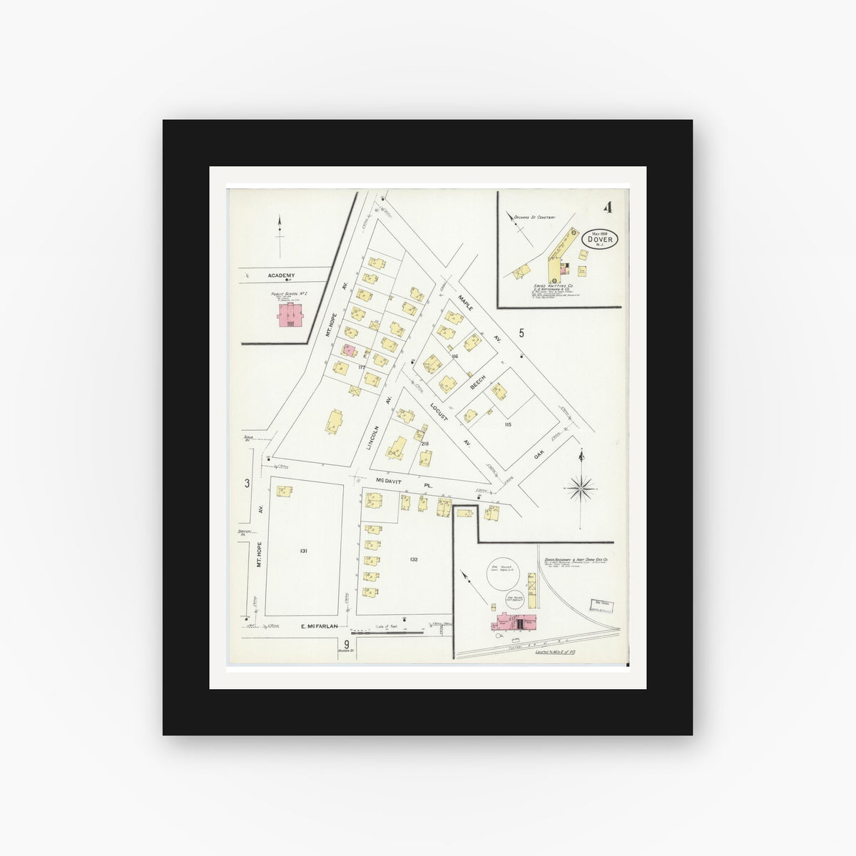 Old map wall art mockup — black gallery frame with white mat — Sanborn Fire Insurance Map from Dover, Morris County, New Jersey (1909), Sheet #0004