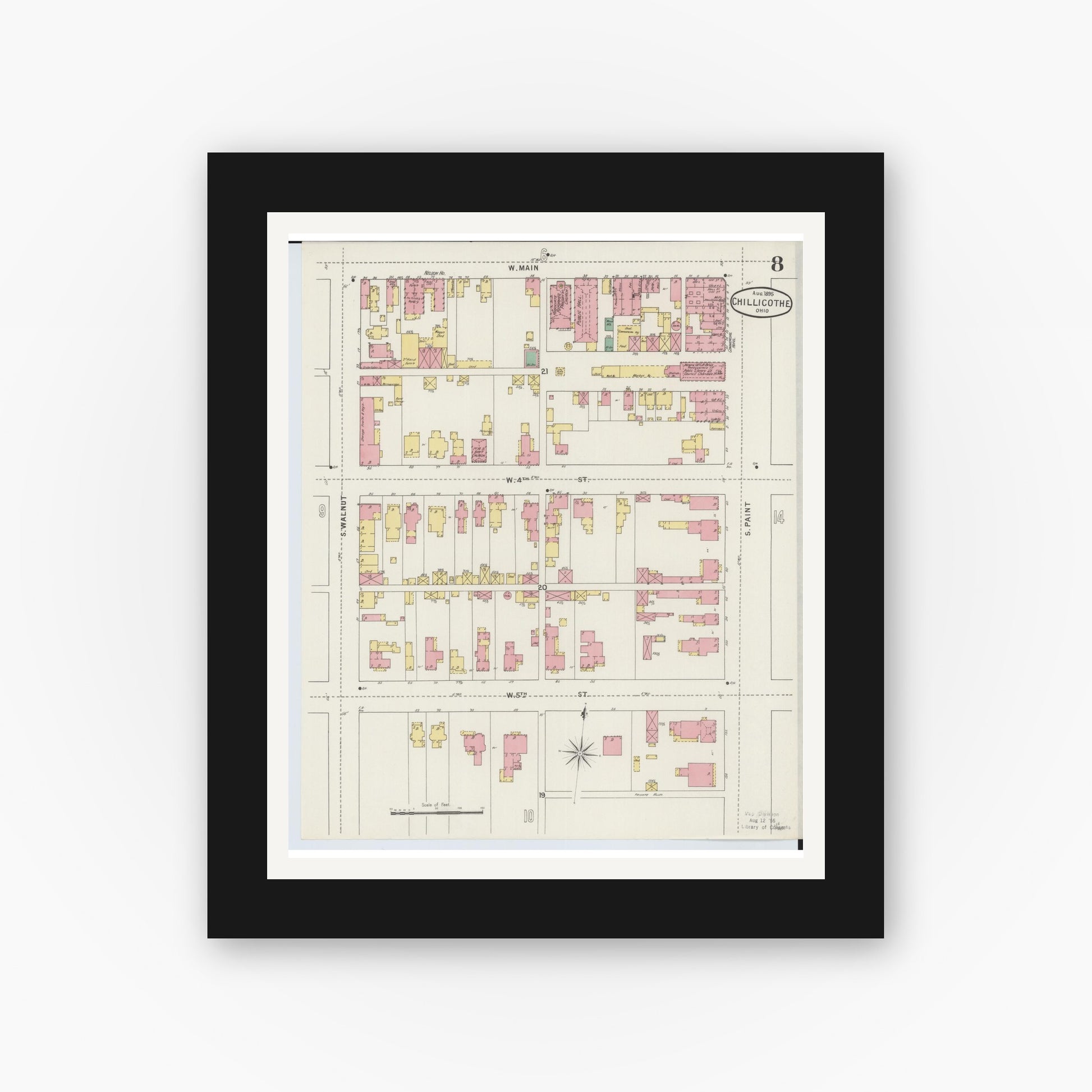 Old map wall art mockup — black gallery frame with white mat — Sanborn Fire Insurance Map from Chillicothe, Ross County, Ohio (1895), Sheet #0008