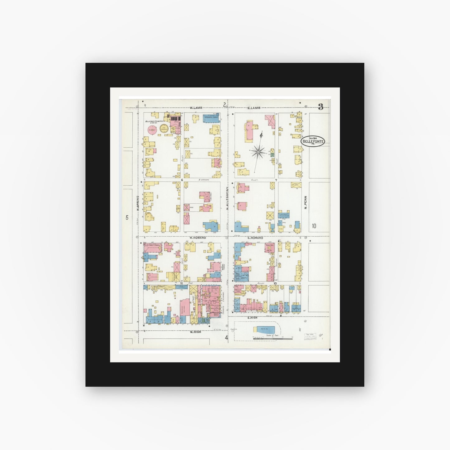 Old map wall art mockup — black gallery frame with white mat — Sanborn Fire Insurance Map from Bellefonte, Centre County, Pennsylvania (1904), Sheet #0003