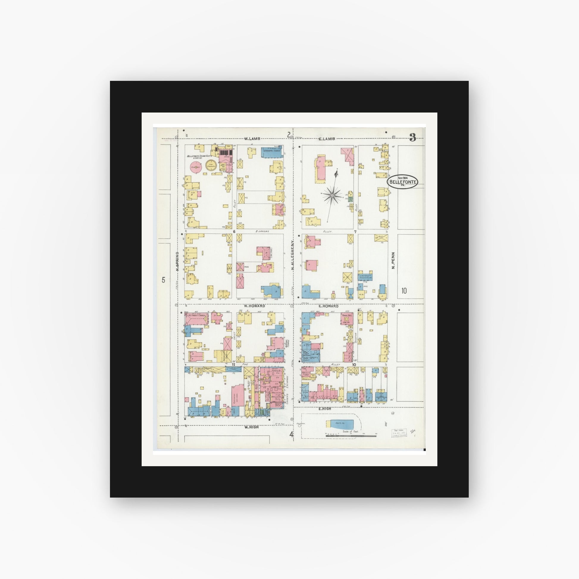 Old map wall art mockup — black gallery frame with white mat — Sanborn Fire Insurance Map from Bellefonte, Centre County, Pennsylvania (1904), Sheet #0003