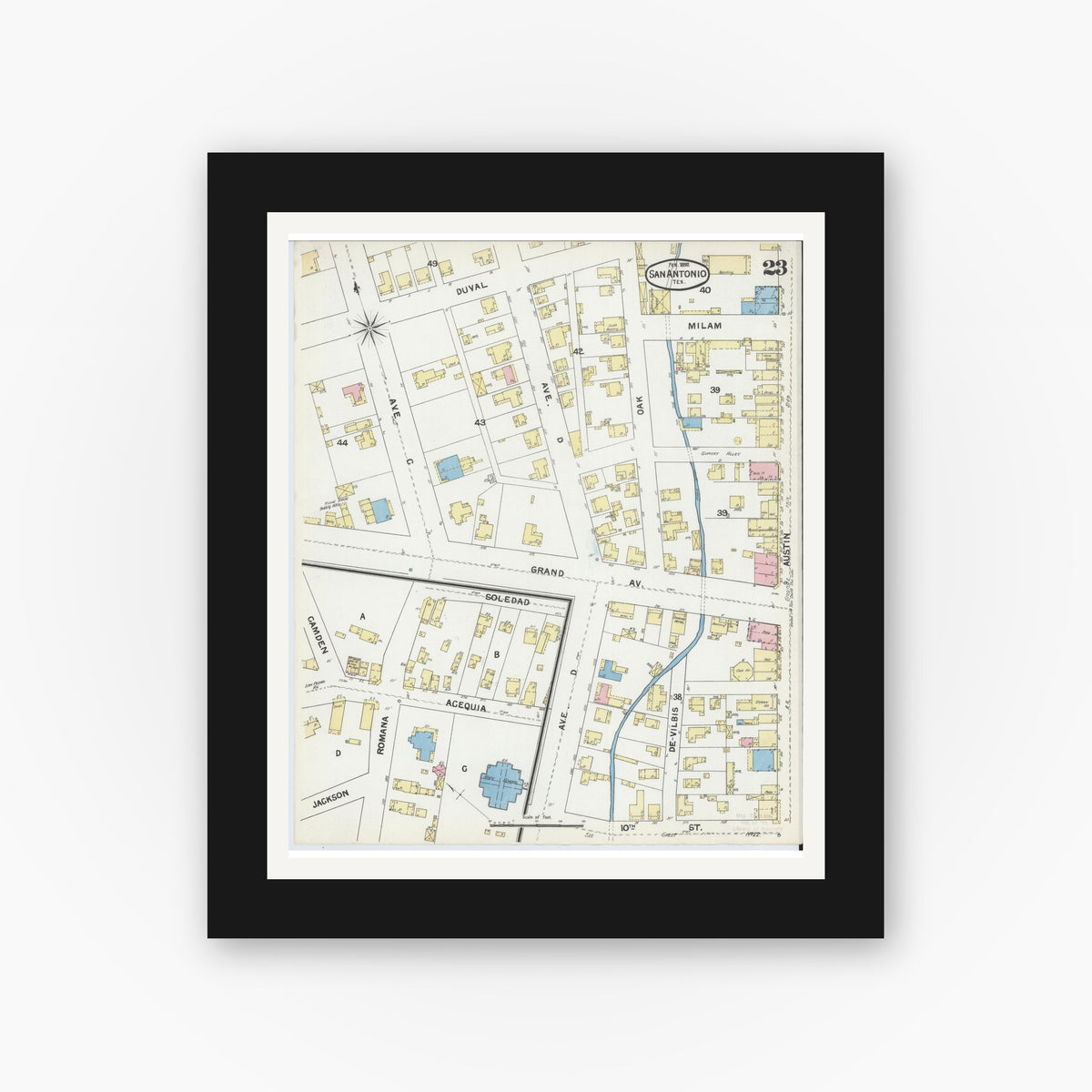 Old map wall art mockup — black gallery frame with white mat — Sanborn Fire Insurance Map from San Antonio, Bexar County, Texas (1892), Sheet #0023