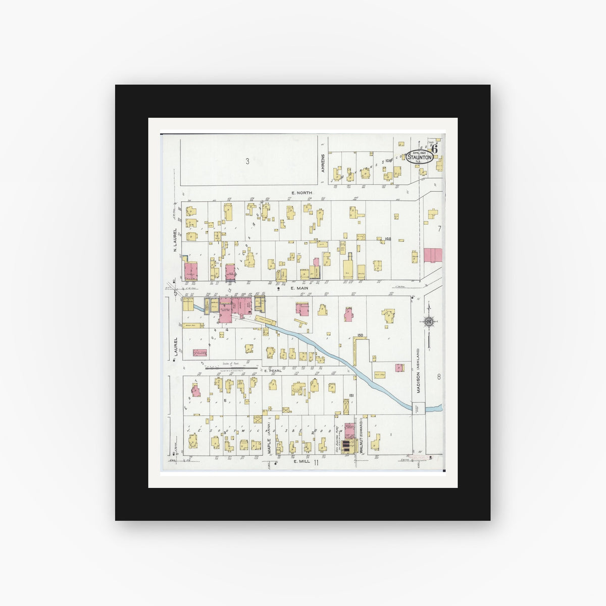 Old map wall art mockup — black gallery frame with white mat — Sanborn Fire Insurance Map from Staunton, Macoupin County, Illinois (1921), Sheet #0006
