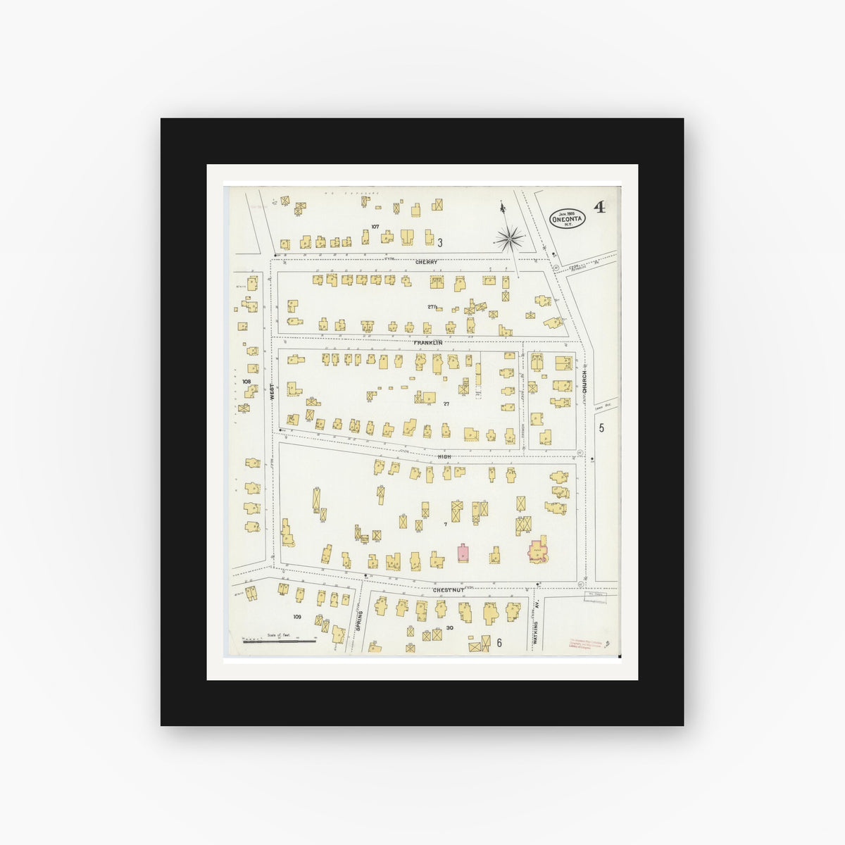 Old map wall art mockup — black gallery frame with white mat — Sanborn Fire Insurance Map from Oneonta, Otsego County, New York (1905), Sheet #0004