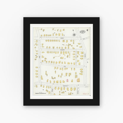 Old map wall art mockup — black gallery frame with white mat — Sanborn Fire Insurance Map from Oneonta, Otsego County, New York (1905), Sheet #0004