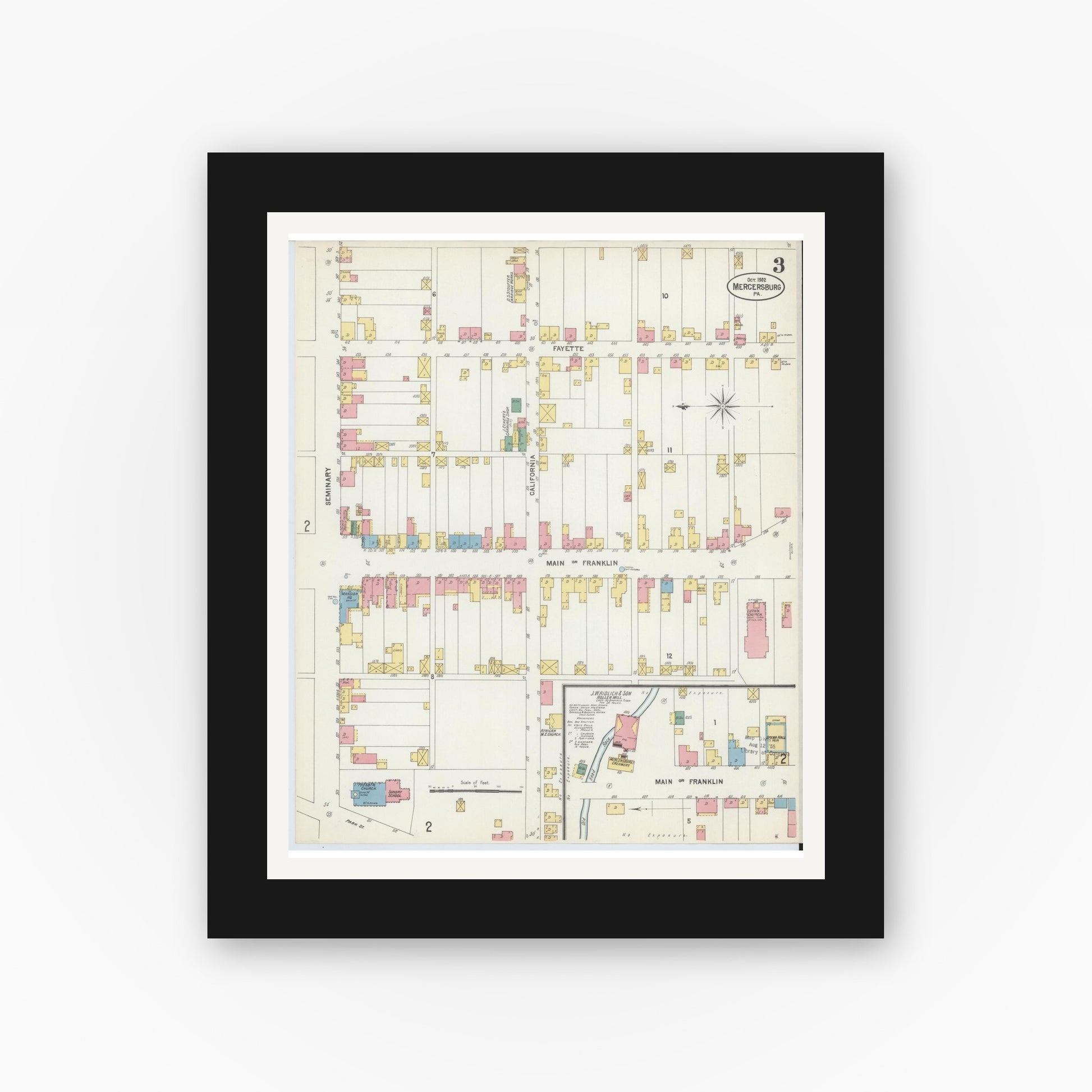 Old map wall art mockup — black gallery frame with white mat — Sanborn Fire Insurance Map from Mercersburg, Franklin County, Pennsylvania (1902), Sheet #0003