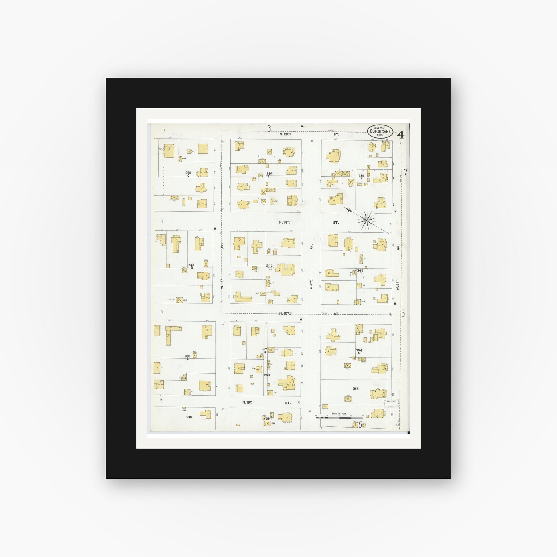 Old map wall art mockup — black gallery frame with white mat — Sanborn Fire Insurance Map from Corsicana, Navarro County, Texas (1905), Sheet #0004