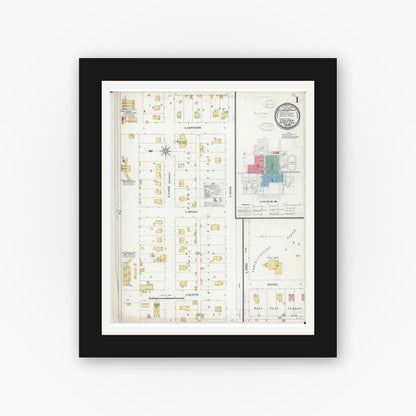 Old map wall art mockup — black gallery frame with white mat — Sanborn Fire Insurance Map from Colfax, McLean County, Illinois (1899), Sheet #0001
