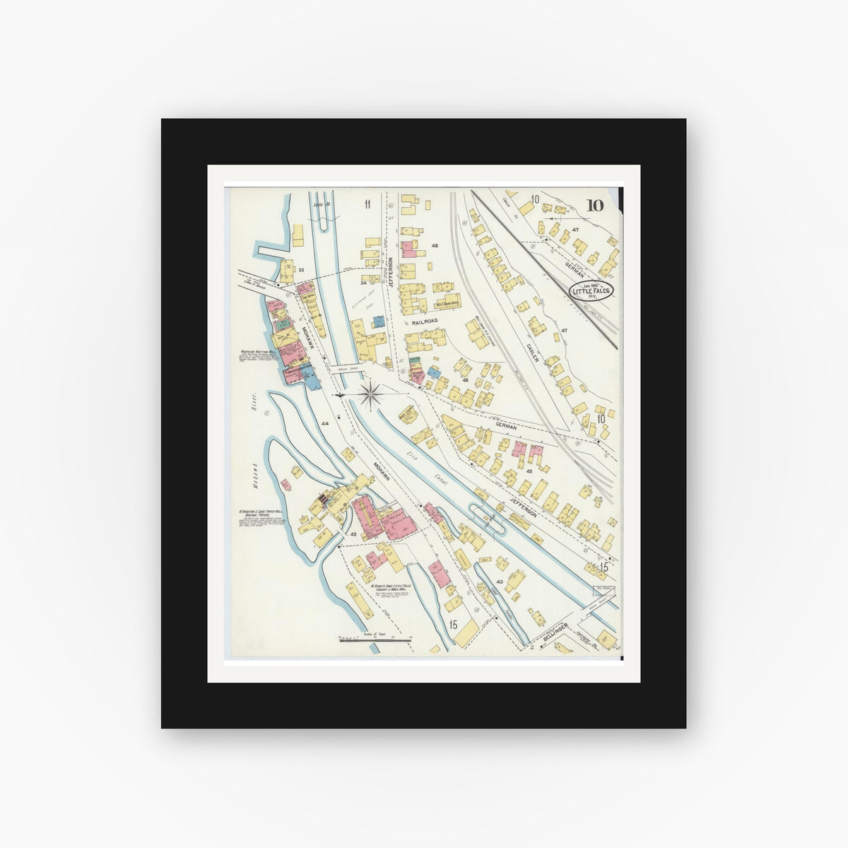 Old map wall art mockup — black gallery frame with white mat — Sanborn Fire Insurance Map from Little Falls, Herkimer County, New York (1906), Sheet #0010