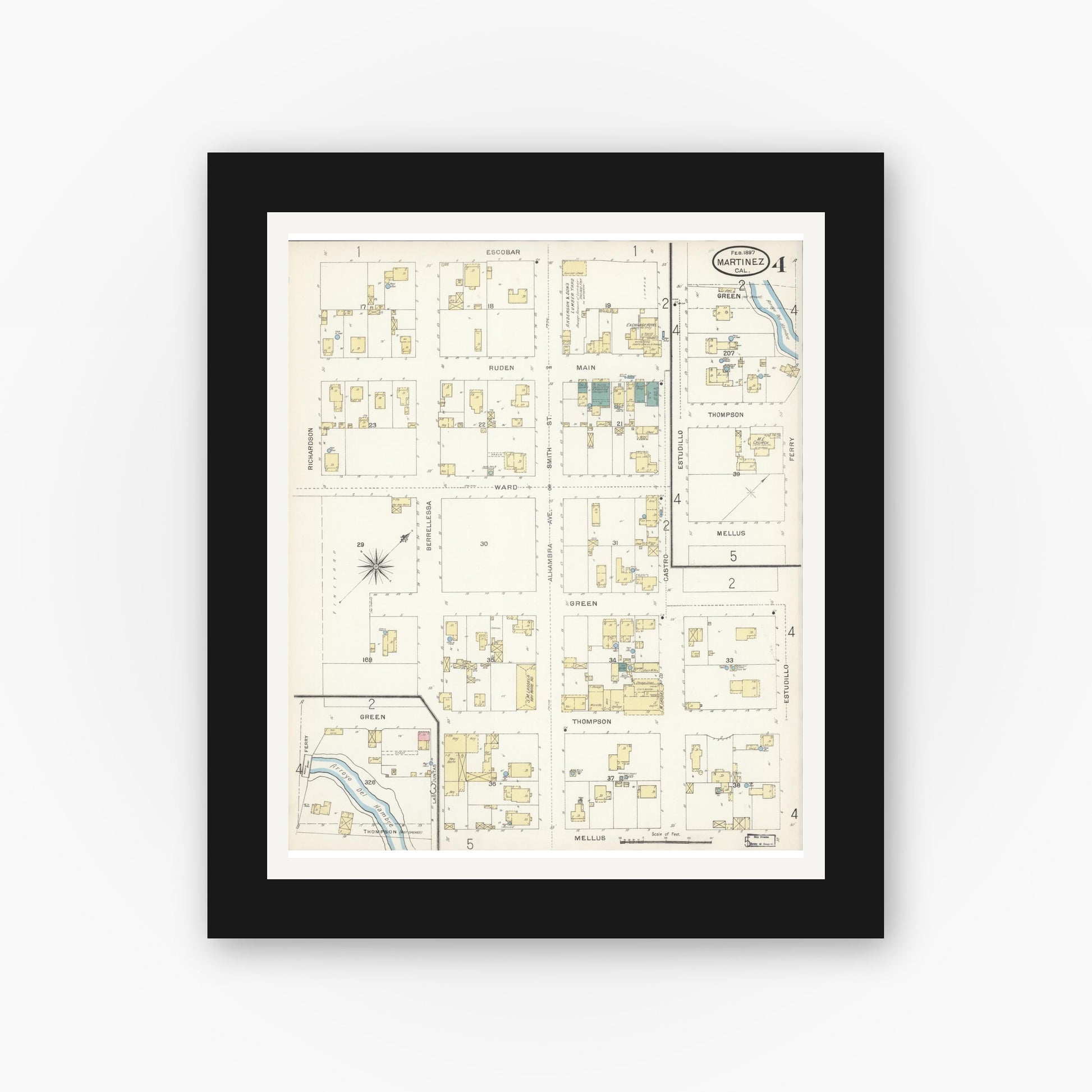Old map wall art mockup — black gallery frame with white mat — Sanborn Fire Insurance Map from Martinez, Contra Costa County, California (1897), Sheet #0004