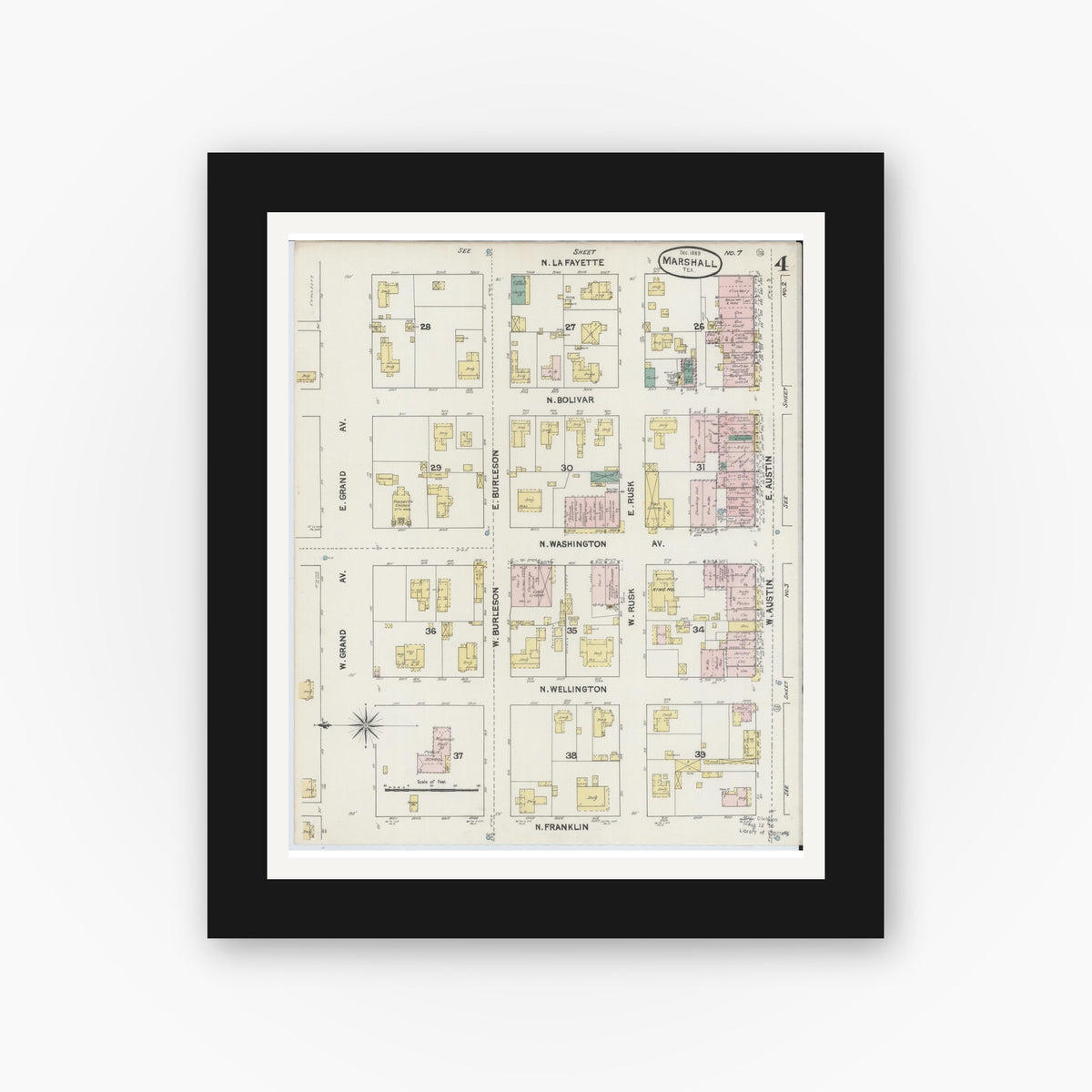 Old map wall art mockup — black gallery frame with white mat — Sanborn Fire Insurance Map from Marshall, Harrison County, Texas (1889), Sheet #0004