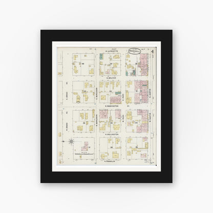 Old map wall art mockup — black gallery frame with white mat — Sanborn Fire Insurance Map from Marshall, Harrison County, Texas (1889), Sheet #0004