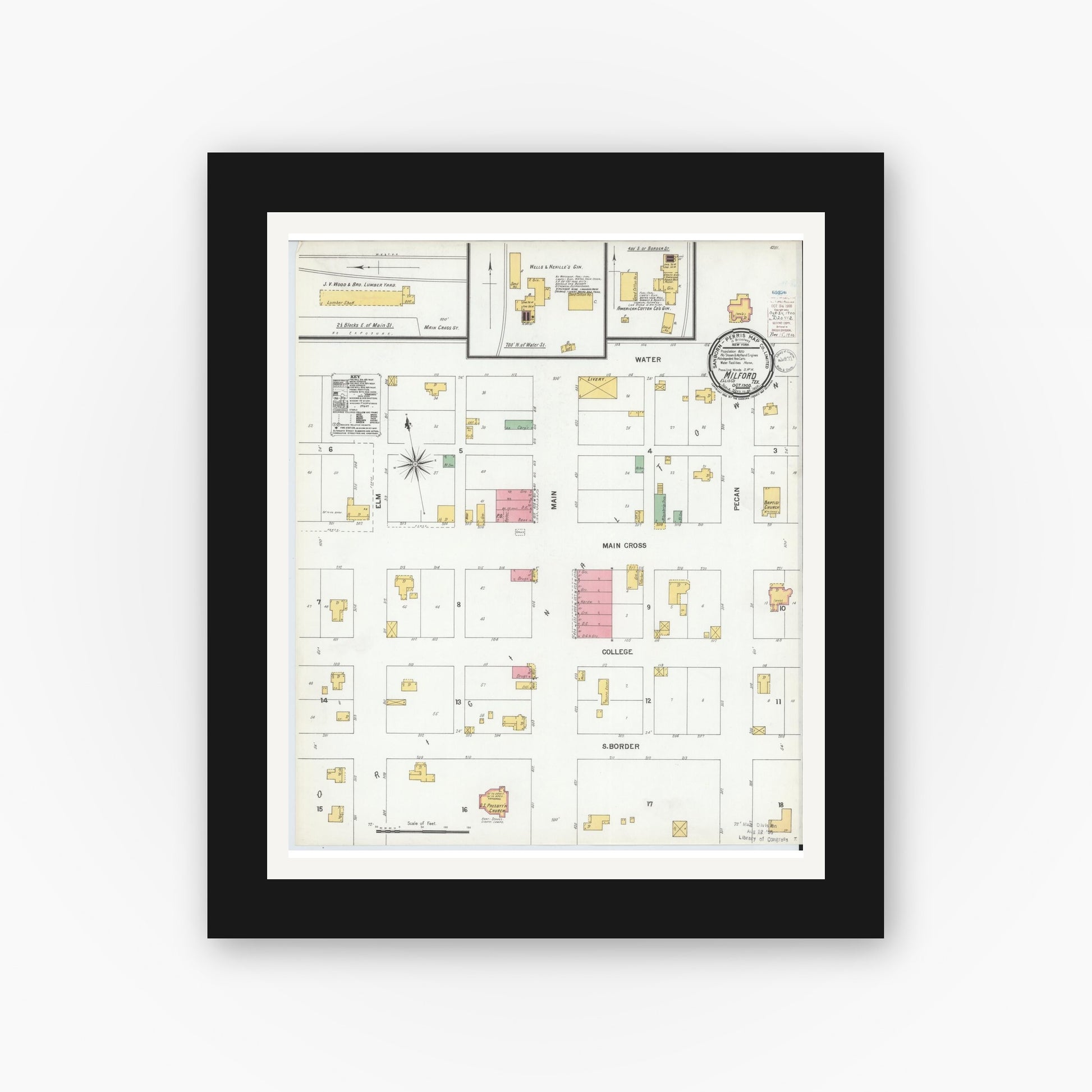 Old map wall art mockup — black gallery frame with white mat — Sanborn Fire Insurance Map from Milford, Ellis County, Texas (1900), Sheet #0001