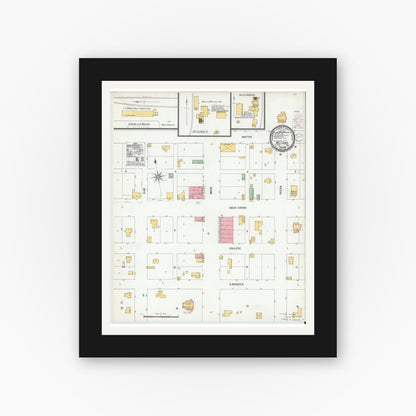 Old map wall art mockup — black gallery frame with white mat — Sanborn Fire Insurance Map from Milford, Ellis County, Texas (1900), Sheet #0001