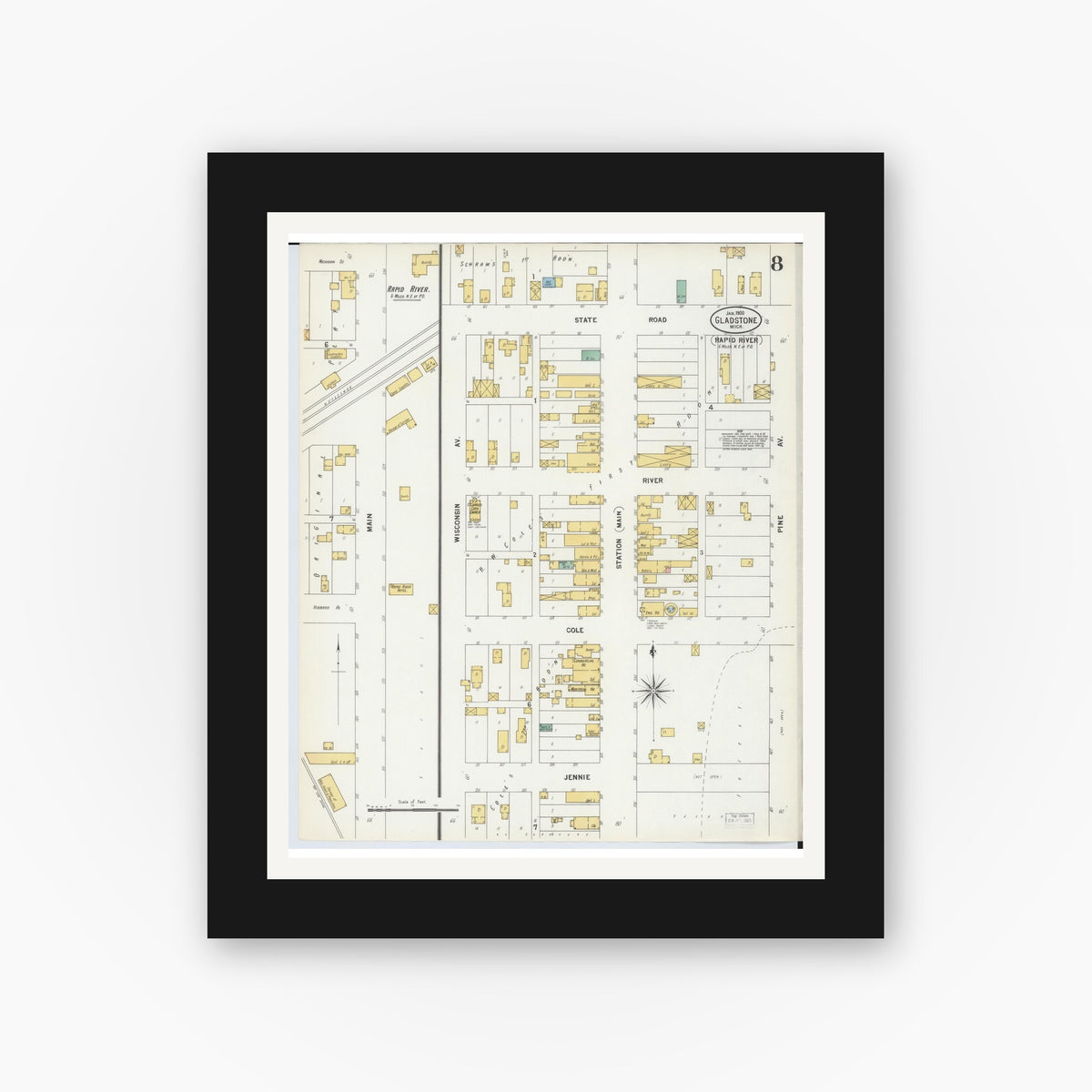 Old map wall art mockup — black gallery frame with white mat — Sanborn Fire Insurance Map from Gladstone, Delta County, Michigan (1900), Sheet #0008