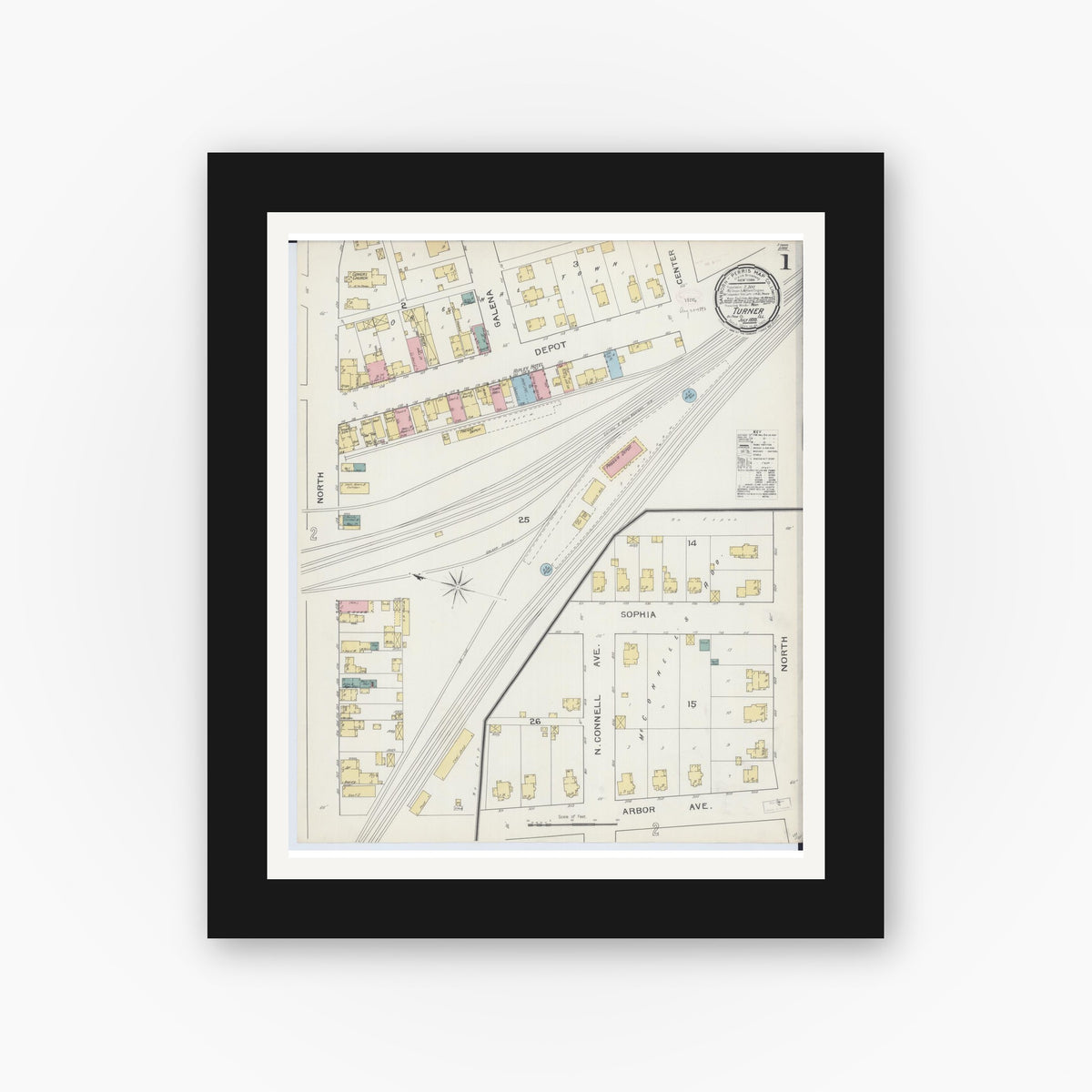 Old map wall art mockup — black gallery frame with white mat — Sanborn Fire Insurance Map from Turner, Du Page County, Illinois (1893) - Complete Map Set