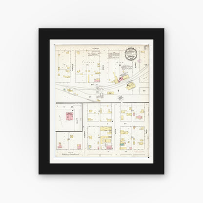 Old map wall art mockup — black gallery frame with white mat — Sanborn Fire Insurance Map from Hamburg, Fremont County, Iowa (1893) â€” Complete Set