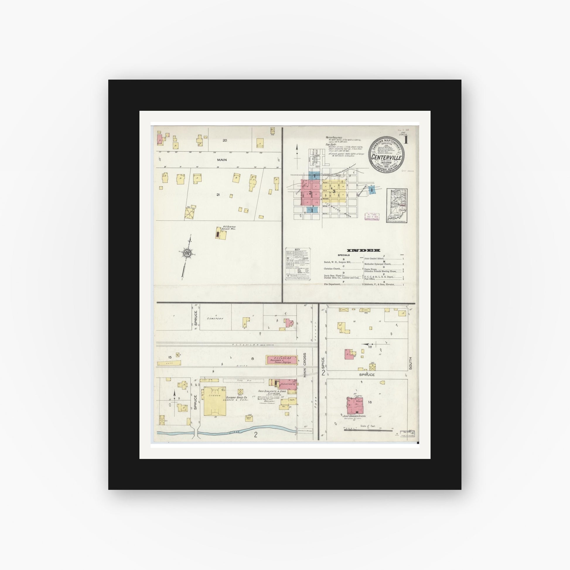 Old map wall art mockup — black gallery frame with white mat — Sanborn Fire Insurance Map from Centerville, Wayne County, Indiana (1913) - Complete Map Set