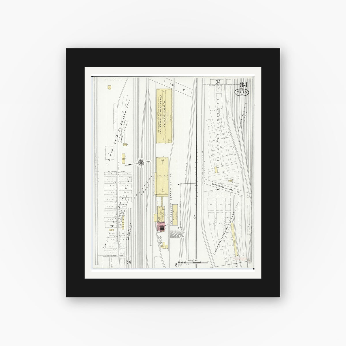 Old map wall art mockup — black gallery frame with white mat — Sanborn Fire Insurance Map from Cairo, Alexander County, Illinois (1914), Sheet #0034