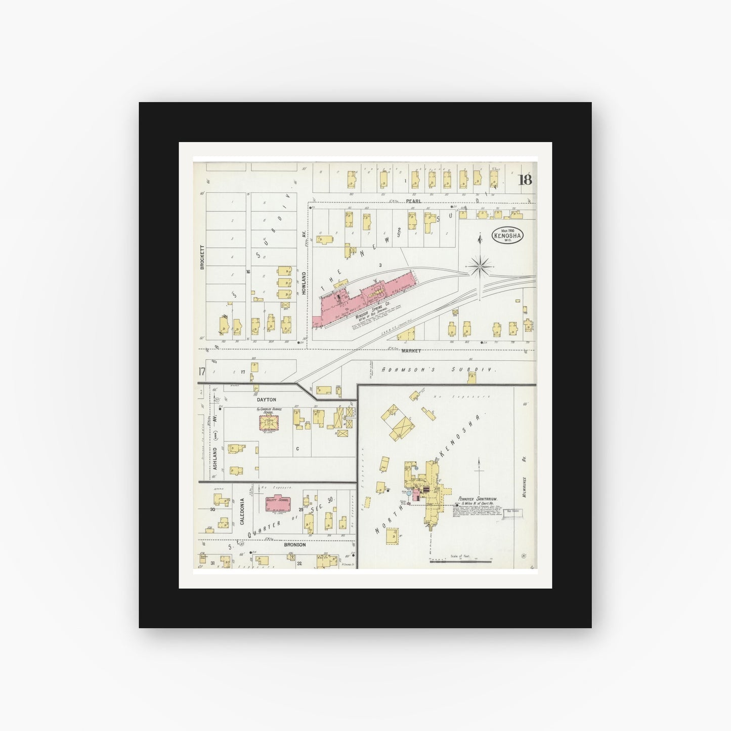 Old map wall art mockup — black gallery frame with white mat — Sanborn Fire Insurance Map from Kenosha, Kenosha County, Wisconsin (1900), Sheet #0018