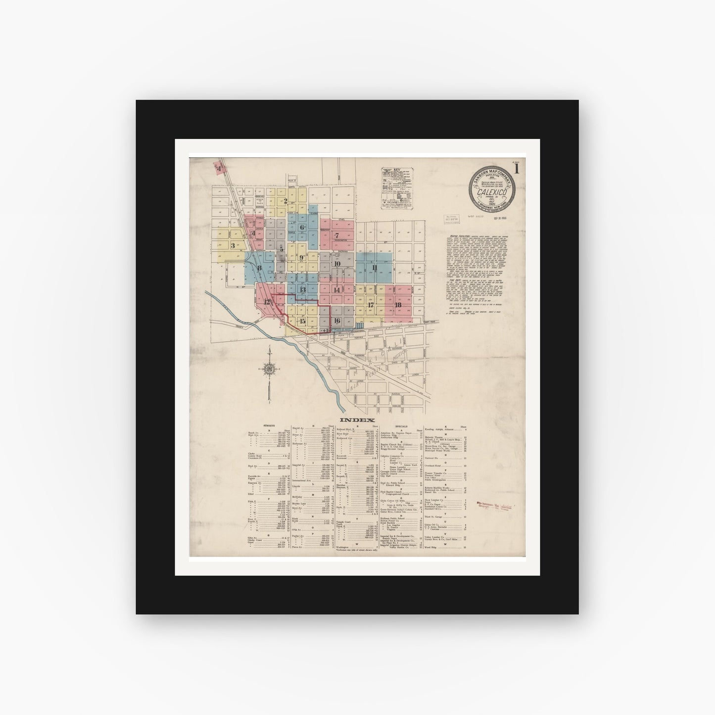 Old map wall art mockup — black gallery frame with white mat — Sanborn Fire Insurance Map from Calexico, Imperial County, California (1920) - Complete Map Set