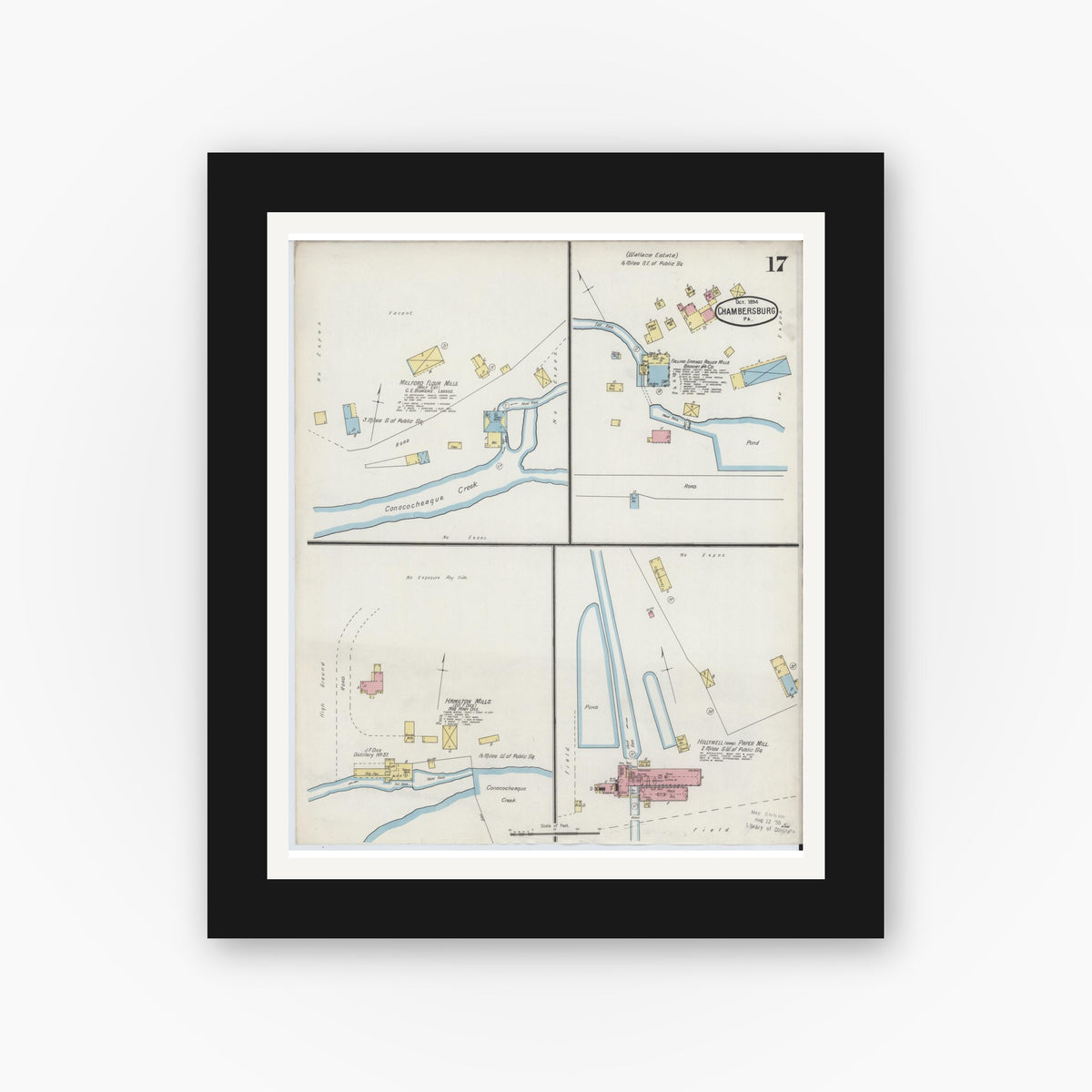 Old map wall art mockup — black gallery frame with white mat — Sanborn Fire Insurance Map from Chambersburg, Franklin County, Pennsylvania (1894), Sheet #0017