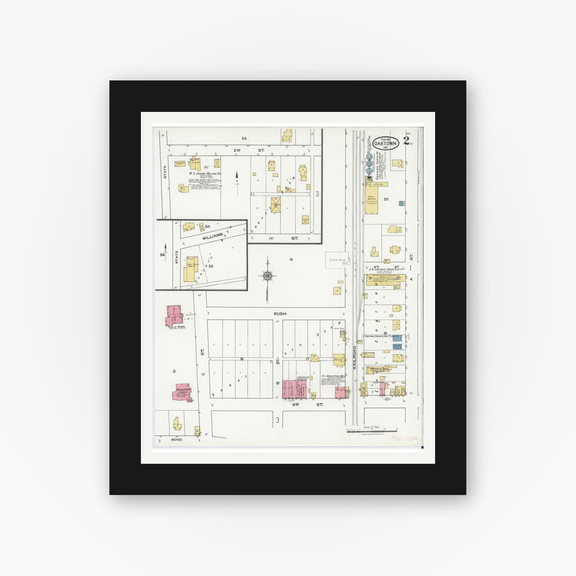 Old map wall art mockup — black gallery frame with white mat — Sanborn Fire Insurance Map from Oaktown, Knox County, Indiana (1921), Sheet #0002