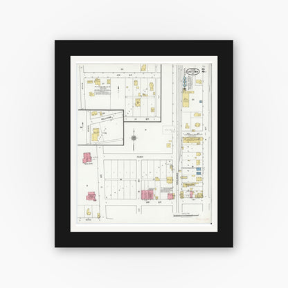 Old map wall art mockup — black gallery frame with white mat — Sanborn Fire Insurance Map from Oaktown, Knox County, Indiana (1921), Sheet #0002