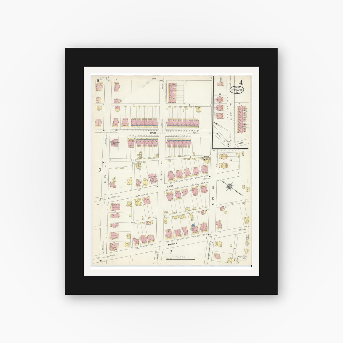 Old map wall art mockup — black gallery frame with white mat — Sanborn Fire Insurance Map from Perkasie, Bucks County, Pennsylvania (1913), Sheet #0004