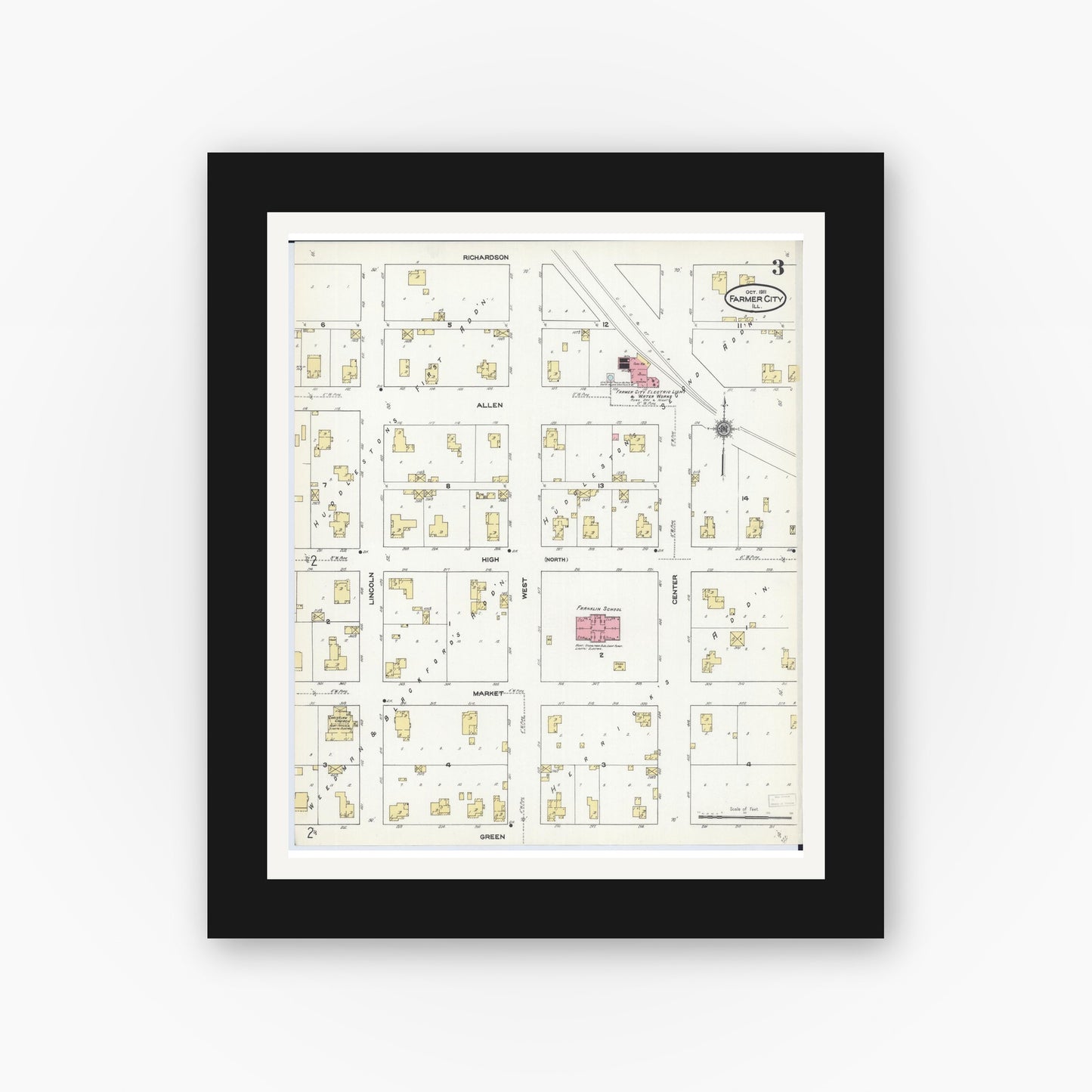 Old map wall art mockup — black gallery frame with white mat — Sanborn Fire Insurance Map from Farmer City, De Witt County, Illinois (1911), Sheet #0003