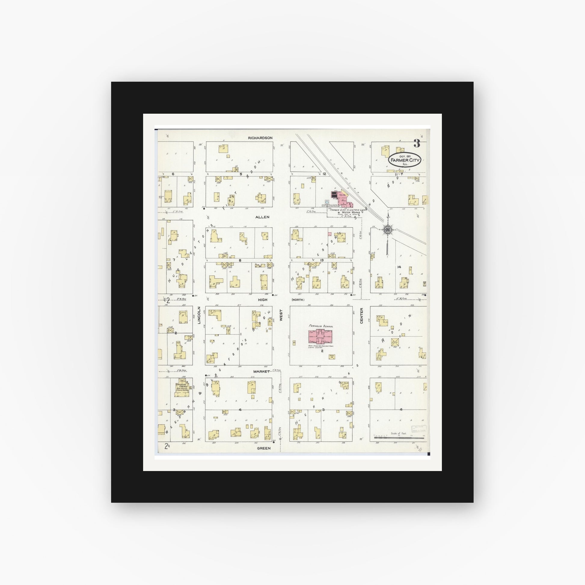 Old map wall art mockup — black gallery frame with white mat — Sanborn Fire Insurance Map from Farmer City, De Witt County, Illinois (1911), Sheet #0003