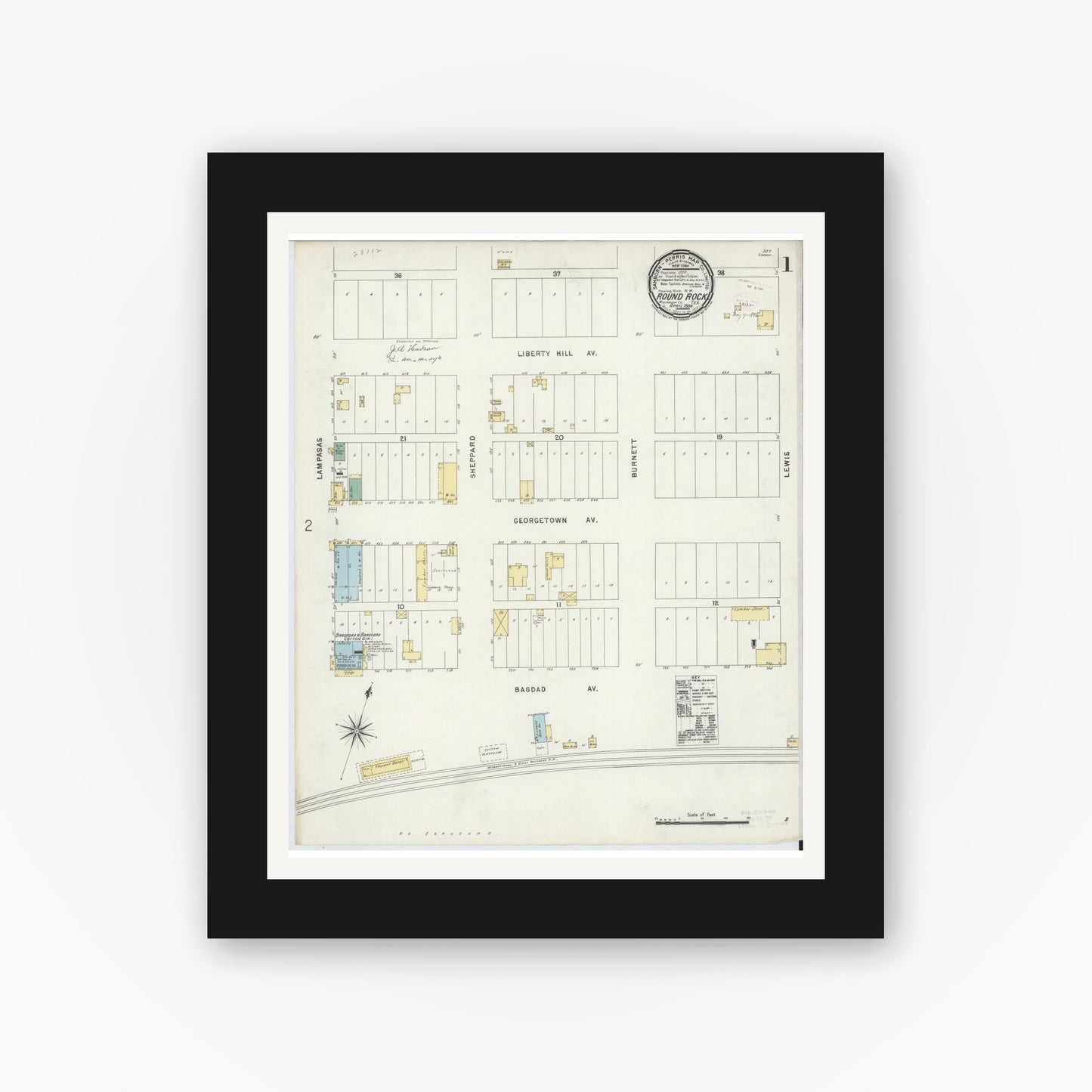 Old map wall art mockup — black gallery frame with white mat — Sanborn Fire Insurance Map from Round Rock, Williamson County, Texas (1896) - Complete Map Set