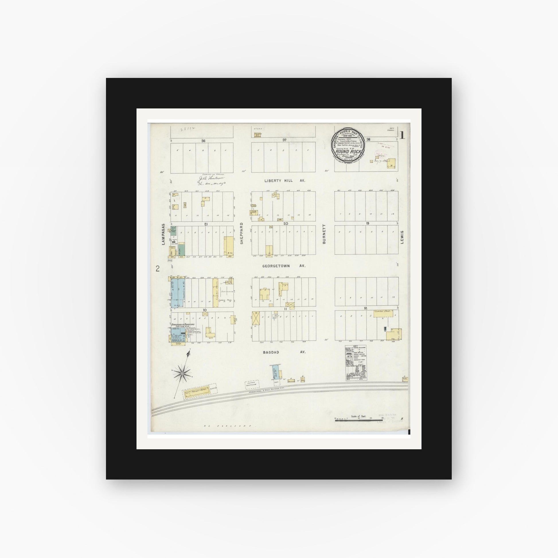 Old map wall art mockup — black gallery frame with white mat — Sanborn Fire Insurance Map from Round Rock, Williamson County, Texas (1896) - Complete Map Set