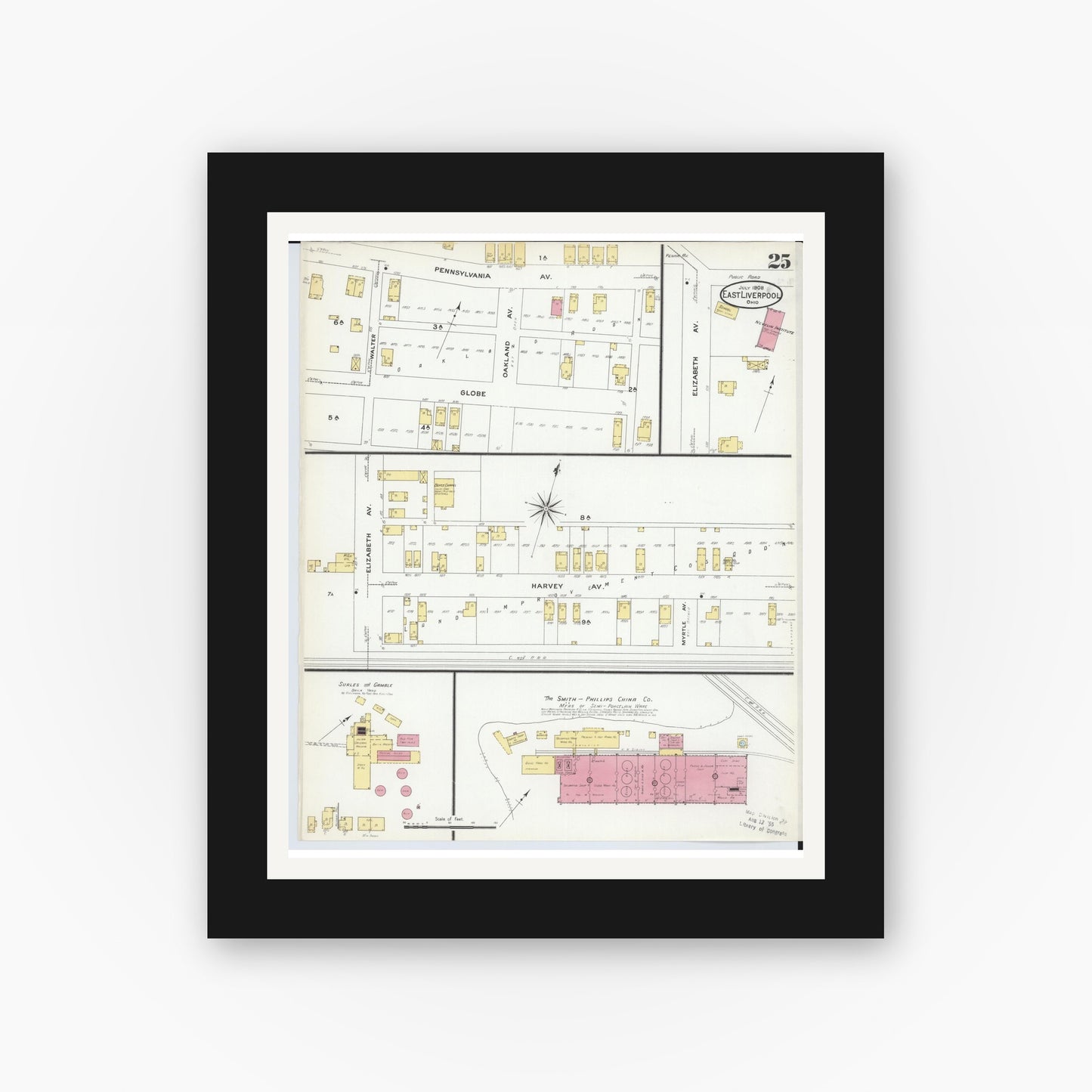 Old map wall art mockup — black gallery frame with white mat — Sanborn Fire Insurance Map from East Liverpool, Columbiana County, Ohio (1908), Sheet #0025
