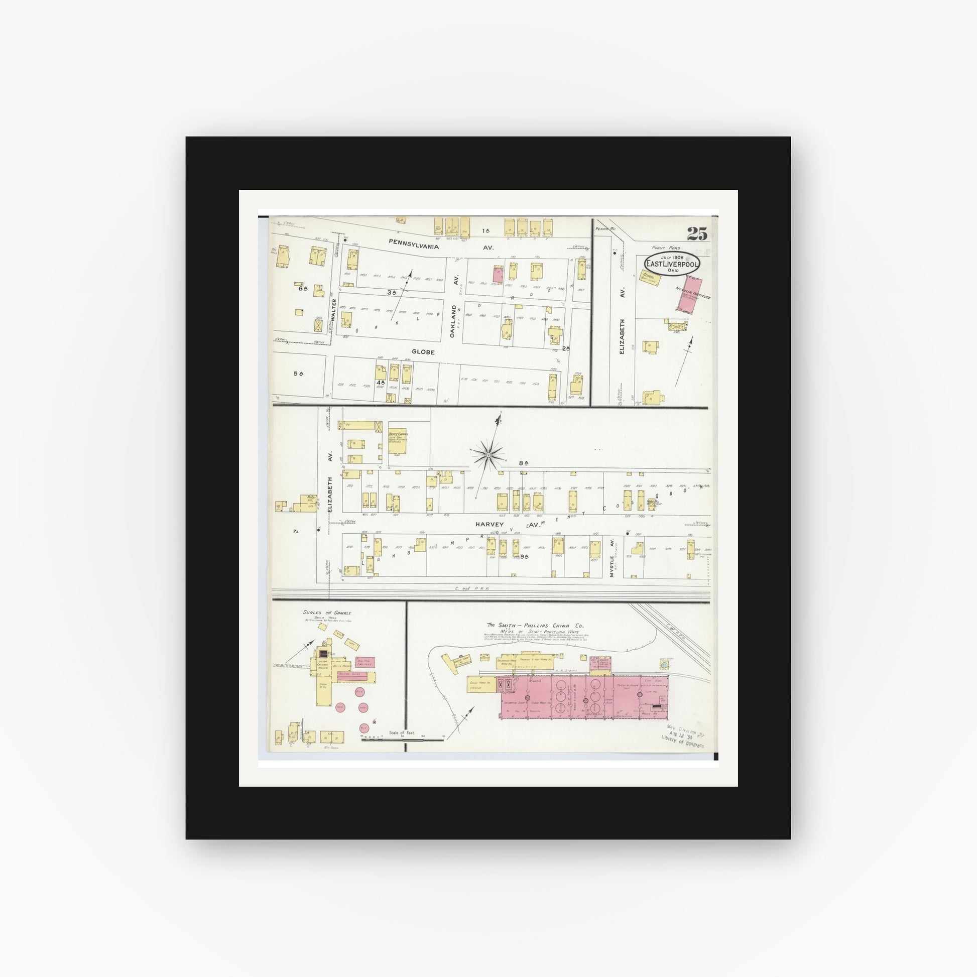 Old map wall art mockup — black gallery frame with white mat — Sanborn Fire Insurance Map from East Liverpool, Columbiana County, Ohio (1908), Sheet #0025
