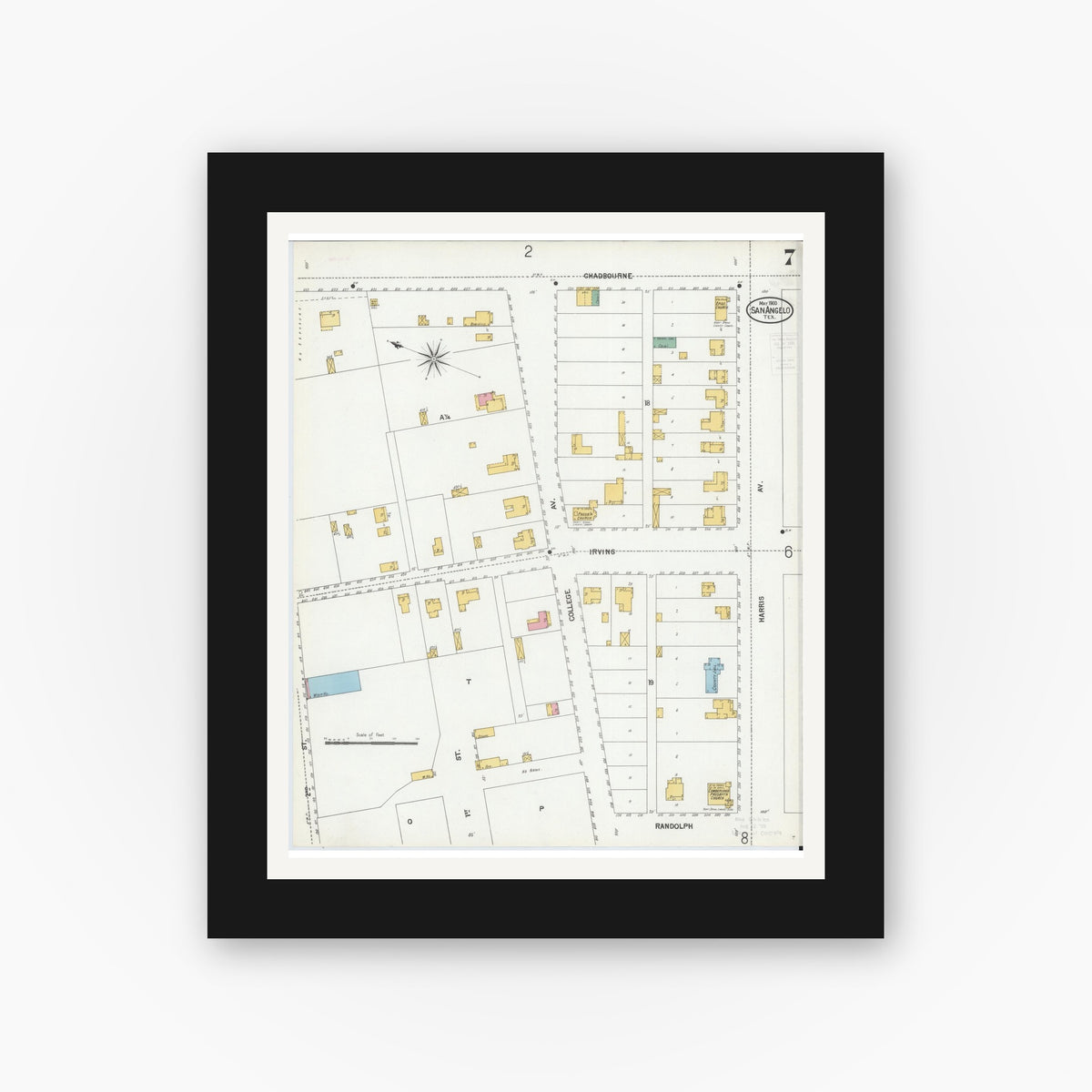 Old map wall art mockup — black gallery frame with white mat — Sanborn Fire Insurance Map from San Angelo, Tom Green County, Texas (1900), Sheet #0007